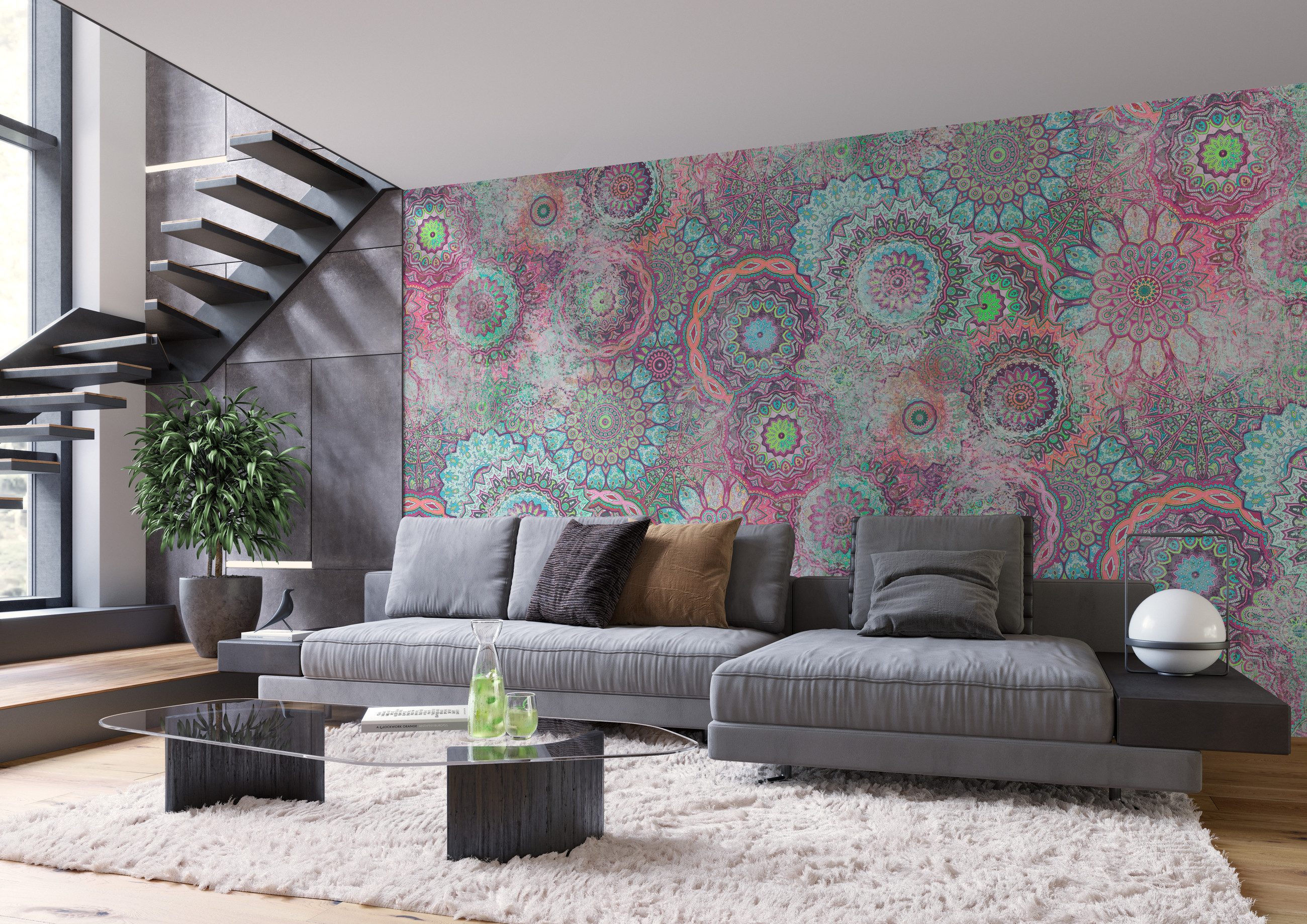 Rasch Fototapete Boho Ethno Hippie Vintage Kreise - Vliestapete Pink, bedruckt, Vintage-Optik, (1 Rolle, 1 St., Kollektion 'Magicwalls' - 3 m x 4,24 m), Lichtbeständige Farben - Feucht abwischbar - Restlost abziehbar