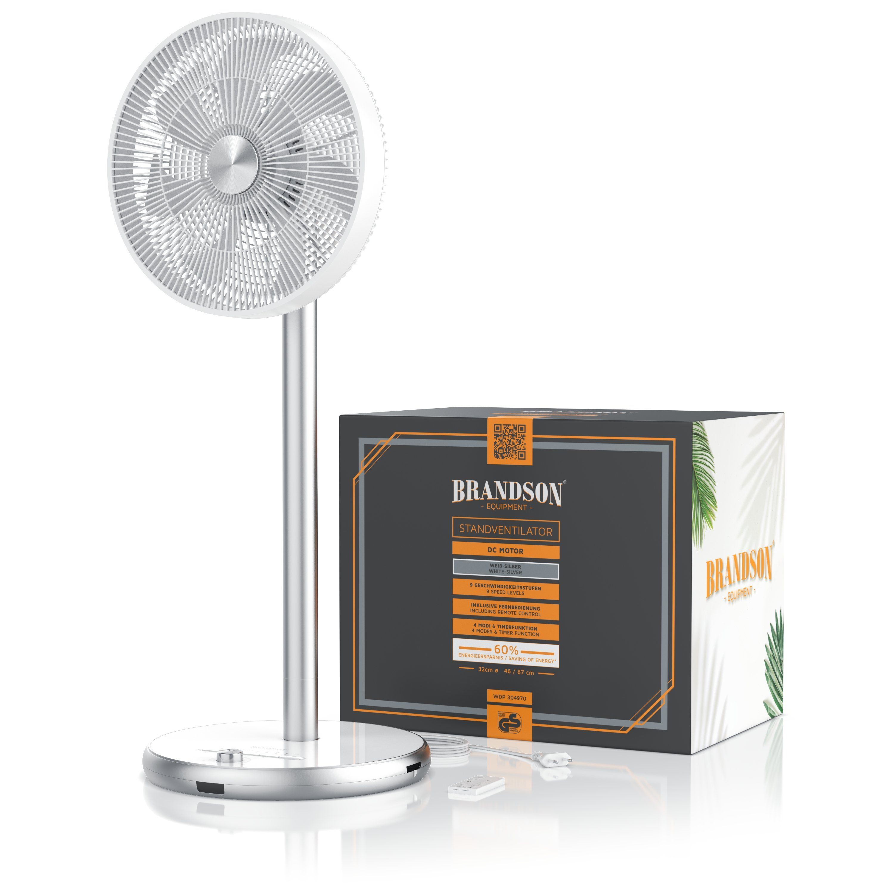 Brandson Standventilator Standlüfter 25W, leise, DC Motor, höhenverstellbar, Oszillation, Timer, 32 cm Durchmesser, Preisträger 2025, 9 Geschwindigkeitsstufen, mobiler Lüfter GS-Geprüft