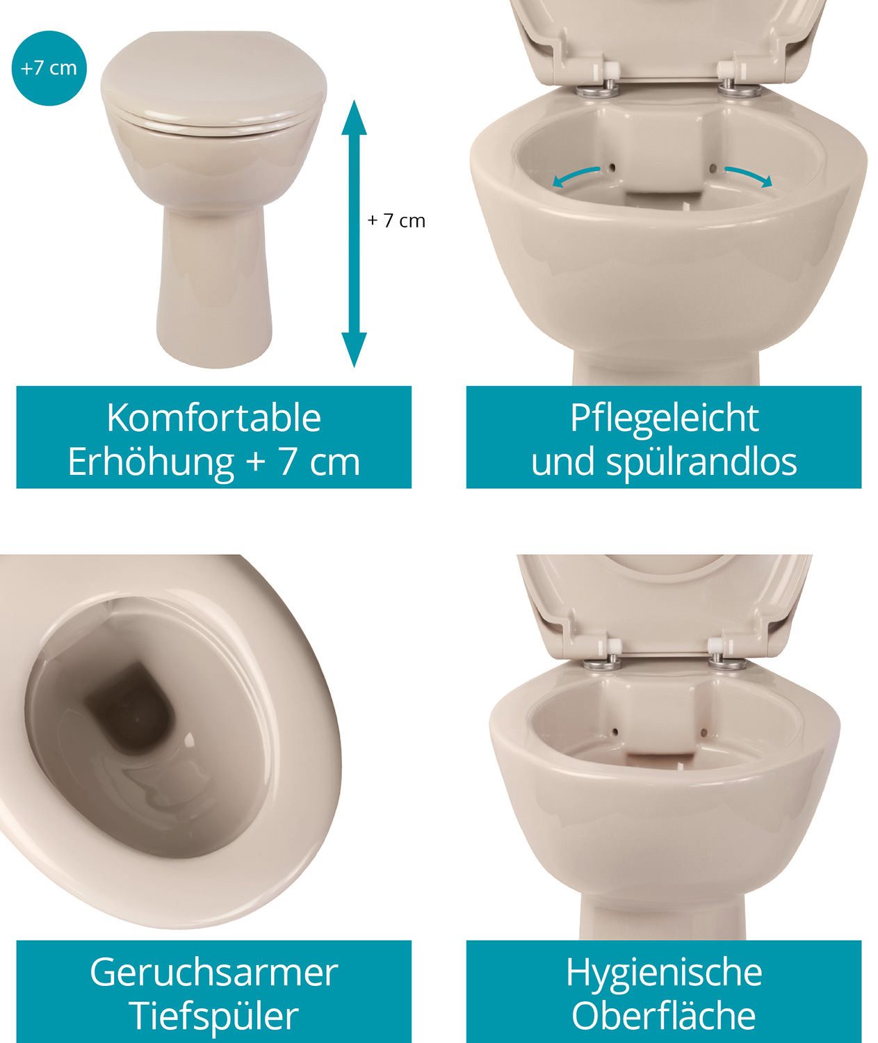 Calmwaters Tiefspül-WC Stand-WC spülrandlos mit Erhöhung, bodenstehend, Abgang Waagerecht, Set mit WC-Sitz, Bahamabeige +7 cm erhöht, Absenkautomatik, Abnehmbar, 07AB5426
