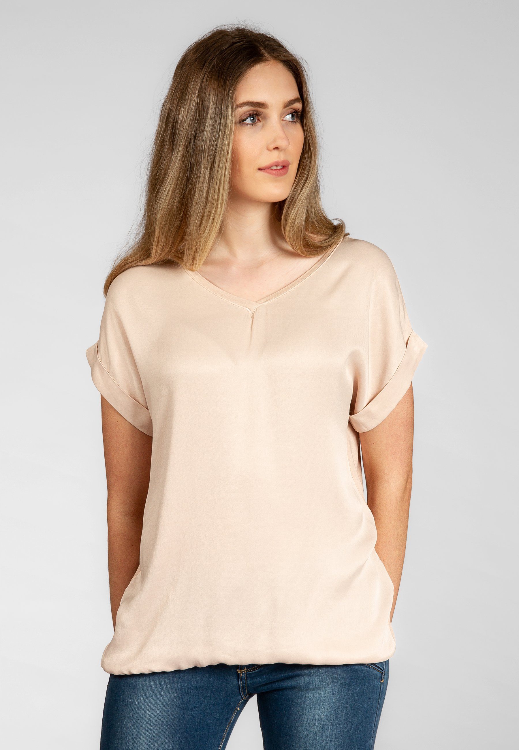 Caspar Shirtbluse BLU026 leichte elegante Damen Seidenglanz Kurzarm Sommer Bluse mit figurfreundlichem Schnitt - Made in Italy