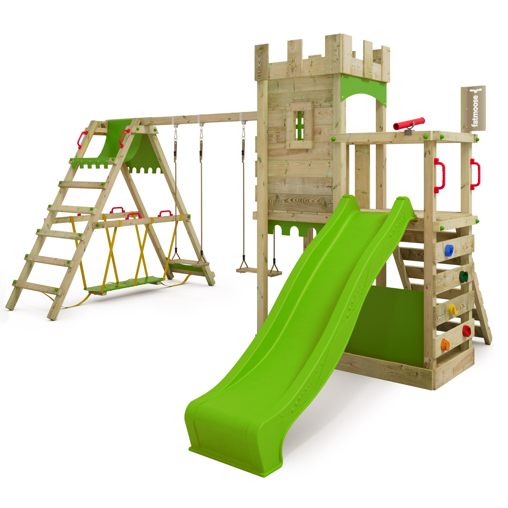FATMOOSE Spielturm Boldbaron – Spielturm mit SurfSchaukel, Rutsche & Kletterwand, Abenteuerliche Ritterburg für kleine Entdecker – 10 Jahre Garantie*