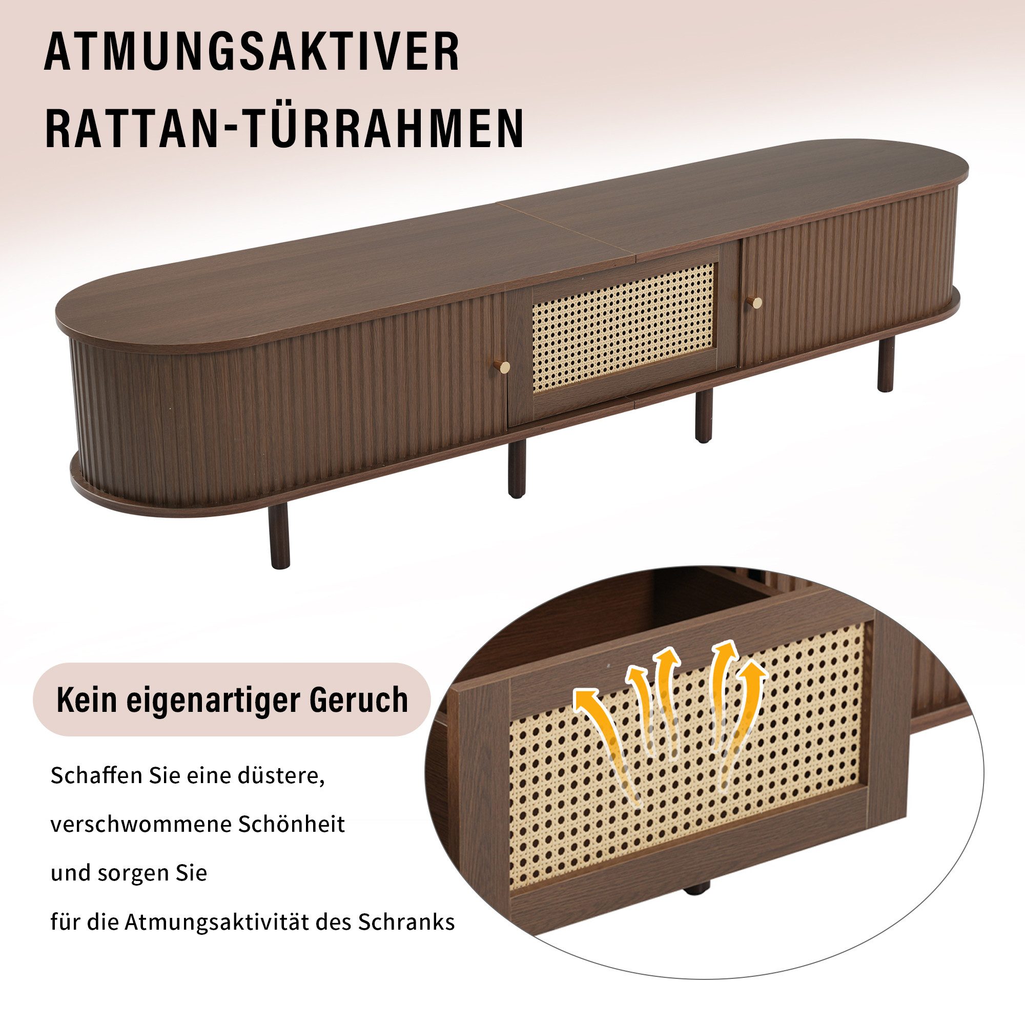 Merax Lowboard Ovaler TV-Schrank mit goldenen Griffen & Rattan-Design in Walnuss (1 St., 180x40x40 cm), TV-Lowboard mit Schublade Schiebetüren & verstellbaren Massivholzfüßen