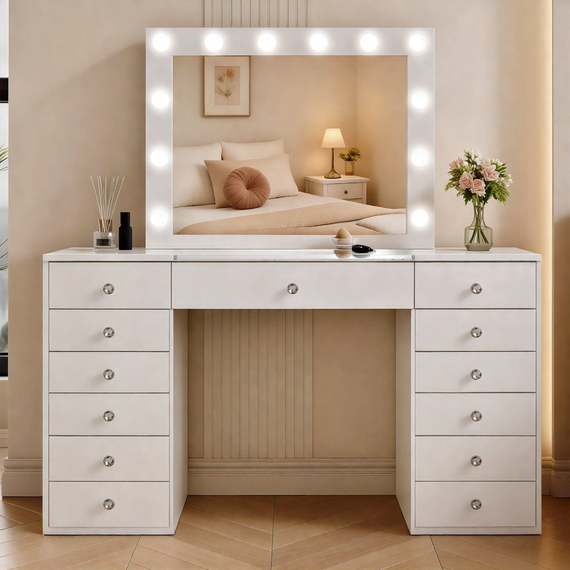 CLP Schminktisch Attalla, Spiegel, LED-Beleuchtung, Schubladen, Glasplatte günstig online kaufen