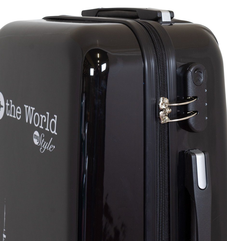 Trendyshop365 Hartschalen-Trolley Fly the World, Koffer mit Motiv, 3 Größen, 4 Rollen, Zahlenschloss, Polycarbonat, Dehnfalte