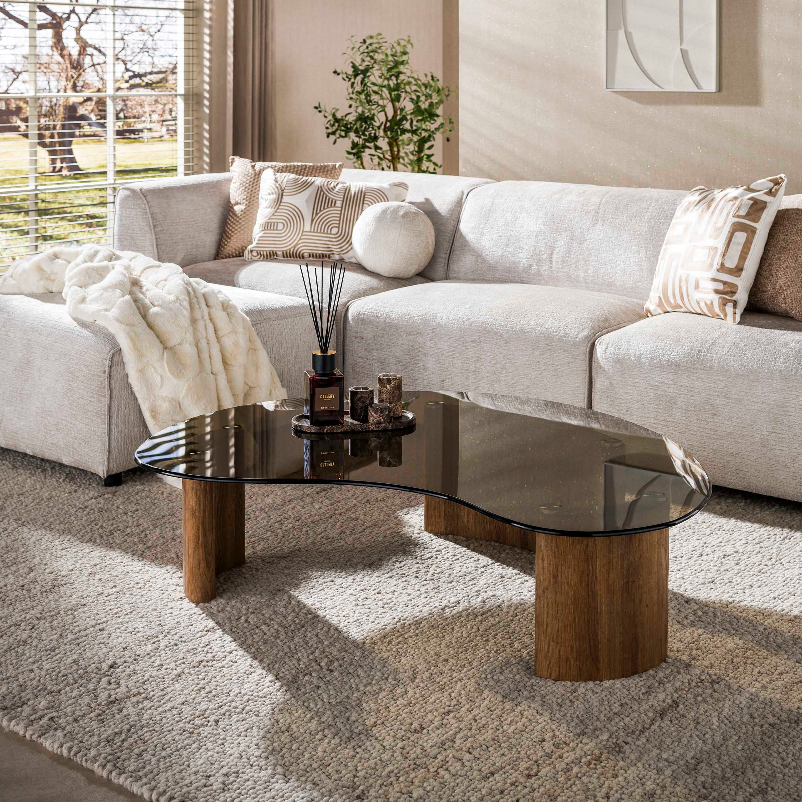 Sitheim-Europe Couchtisch Tinto organisch 130cm / Bronzefarbenes Glas, Tischplatte aus braunem Rauchglas Sicherheitsglas