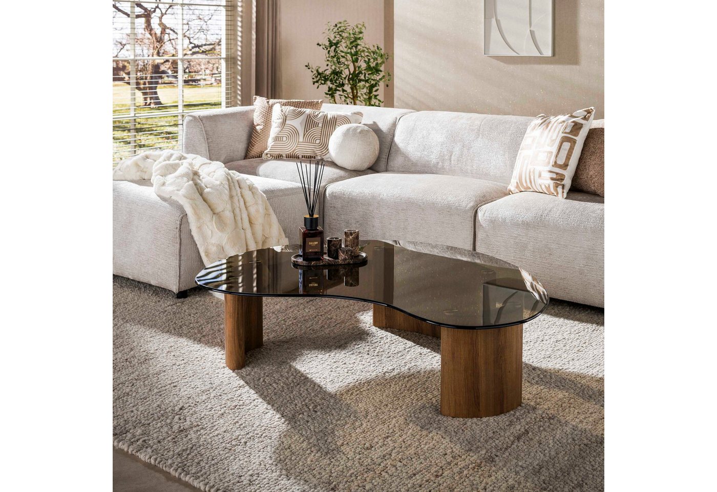Sitheim-Europe Couchtisch Tinto organisch 130cm / Bronzefarbenes Glas, Tischplatte aus braunem Rauchglas Sicherheitsglas