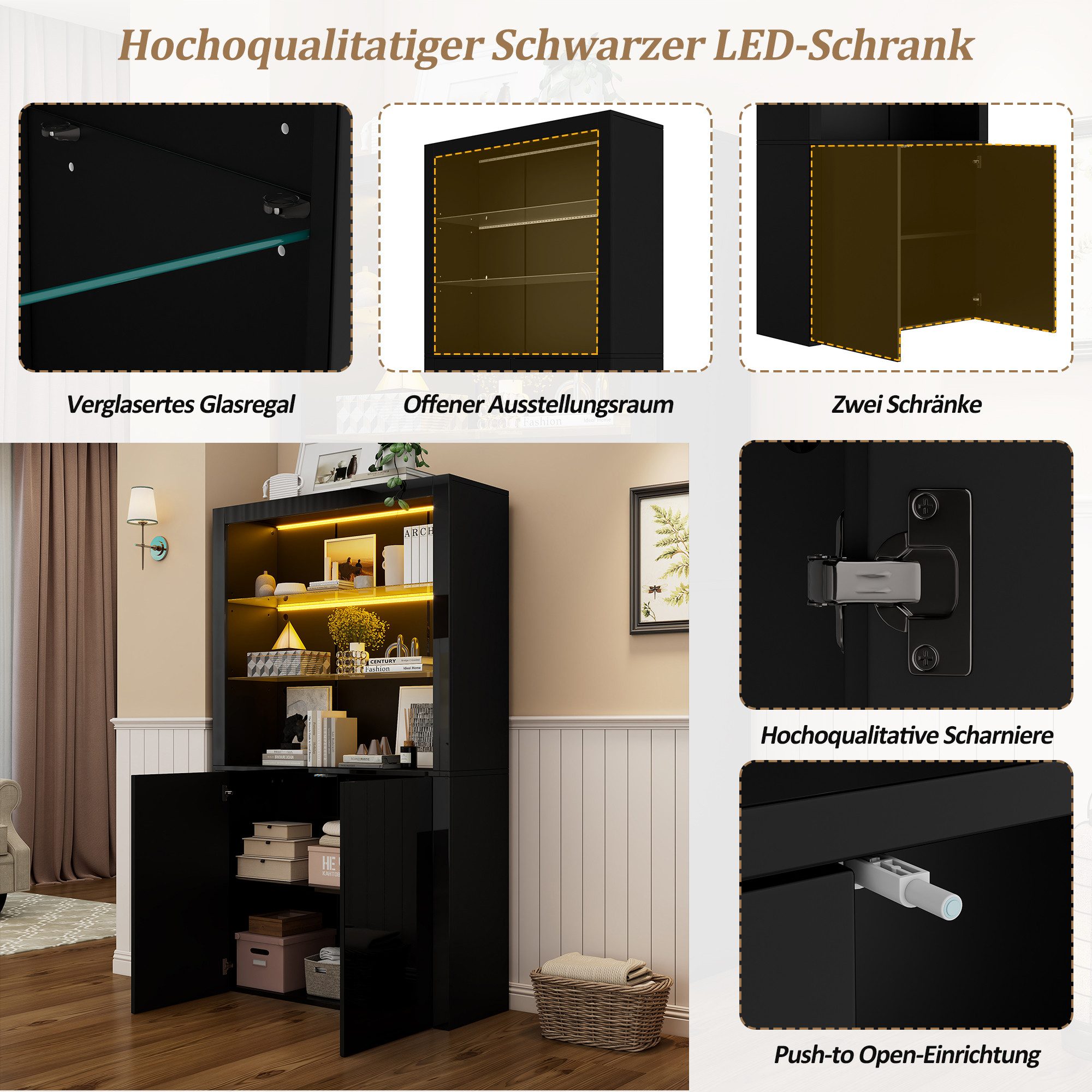 Merax Standvitrine hochglanz Hochschrank mit LED-Beleuchtung (100 x 35 x 170 cm, 1-St) Vitrinen Aufbewahrungsschrank mit gehärtetem Glas & Stauraum