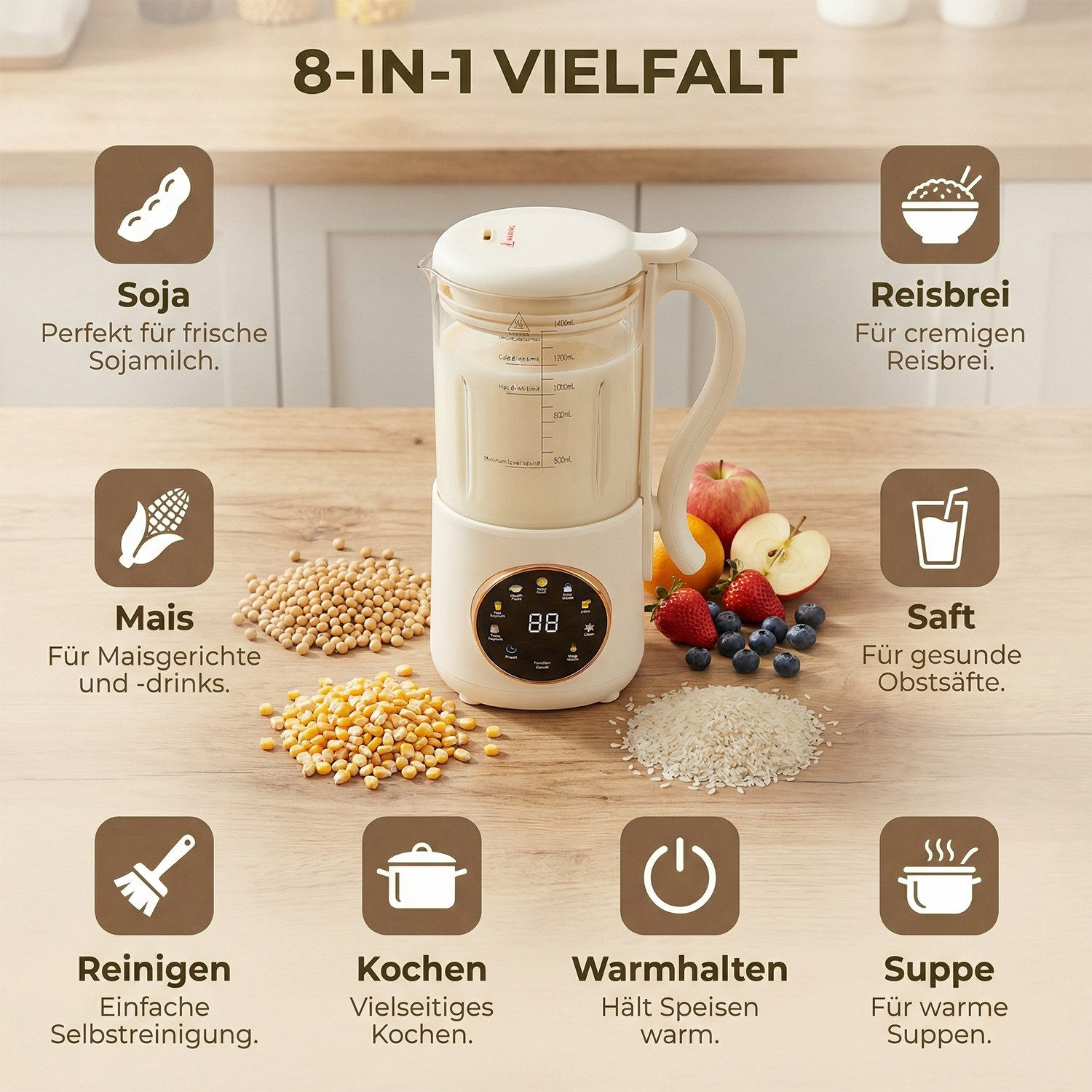 AKKEE Smoothie-Maker 1400ml Nussmilchmaschine, Entsafter Sojamilch Maschine, 600 W, mit 12 klingen