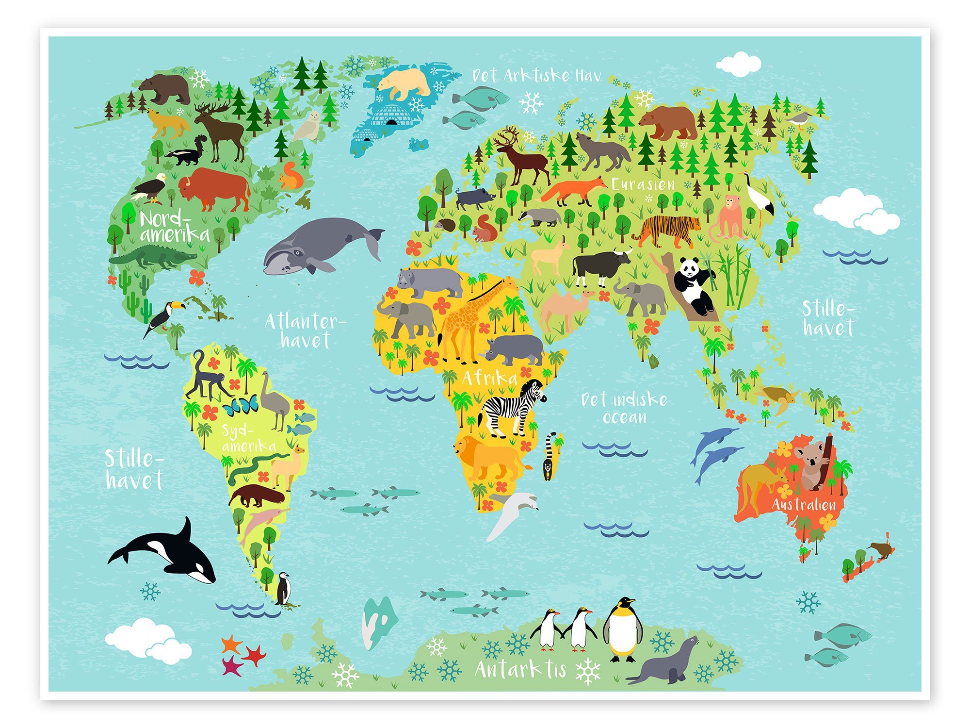 Posterlounge Poster Kidz Collection, Weltkarte der Tiere (Dänisch), Kindergarten Grafikdesign