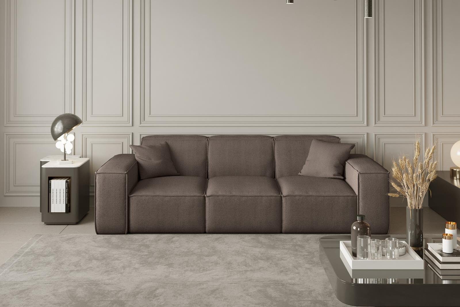 aus Wellenfedern Lugano, Cordstoff Stil, Beautysofa modernes im Veloursstoff, inklusive oder Sofa Dreisitzer 3-Sitzer Sofa