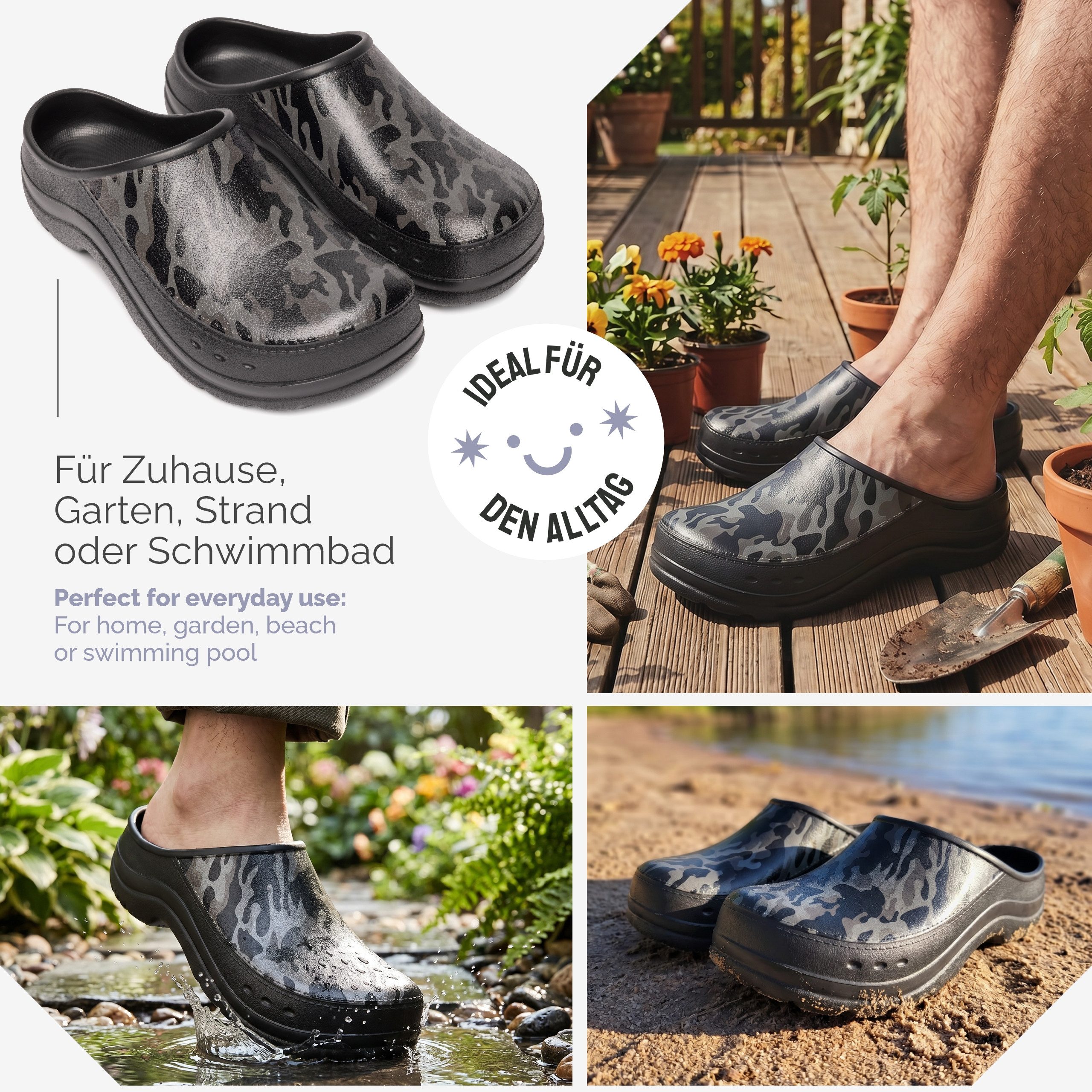 Ladeheid Gartenclogs für Herren Ultraleicht EVA Gartenschuhe LA-CA-26 Clog (40 EU, Schwarz/Grau Tarnmuster) Wasserdicht & Flexibel – Bild 4 von 5