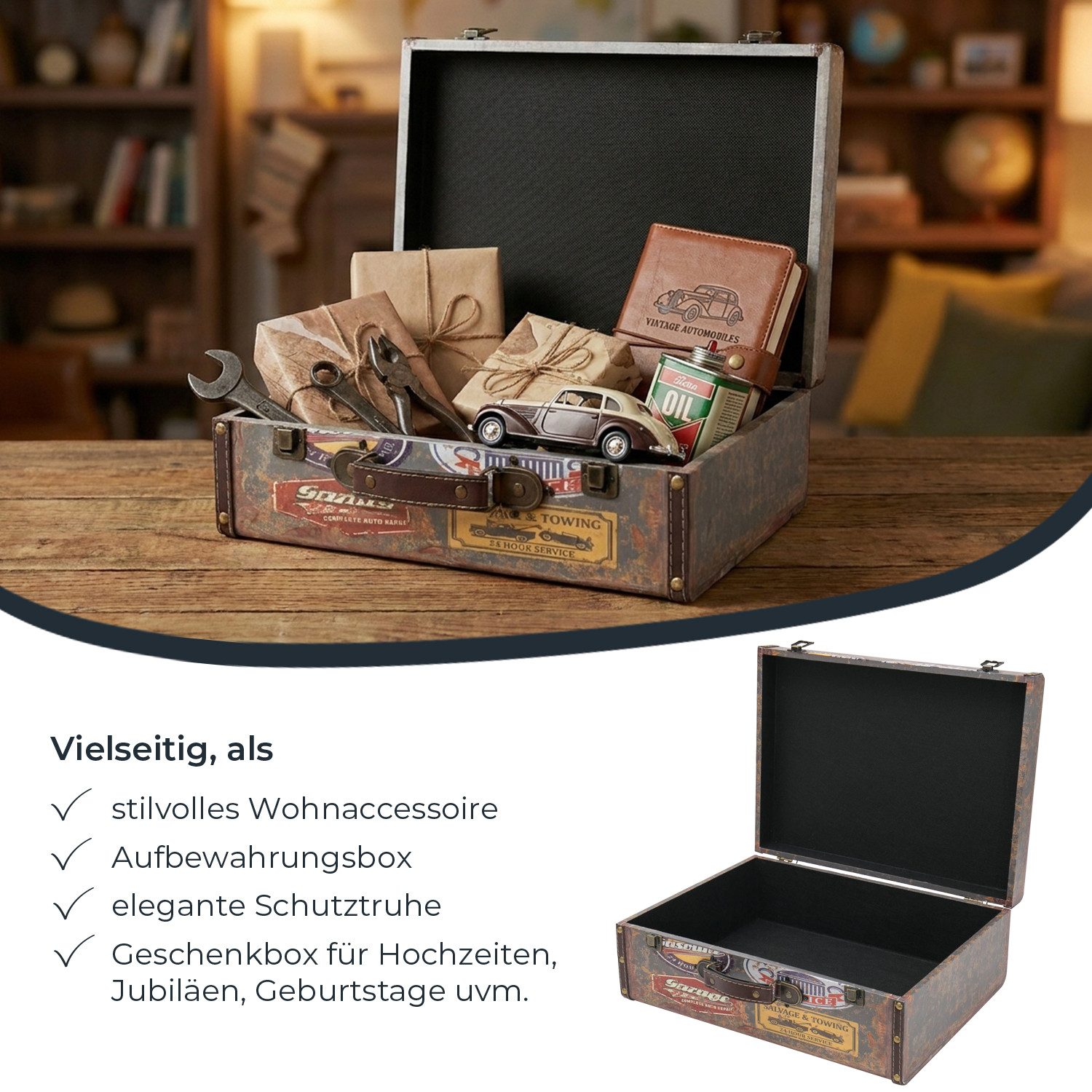 HMF Aufbewahrungsbox Vintage Koffer Holz, Aufbewahrungsbox mit Deckel und Ledergriff als (2er Set), Geschenkidee für Hochzeit oder Geburtstag, Garage, 38 + 44 c – Bild 3 von 5
