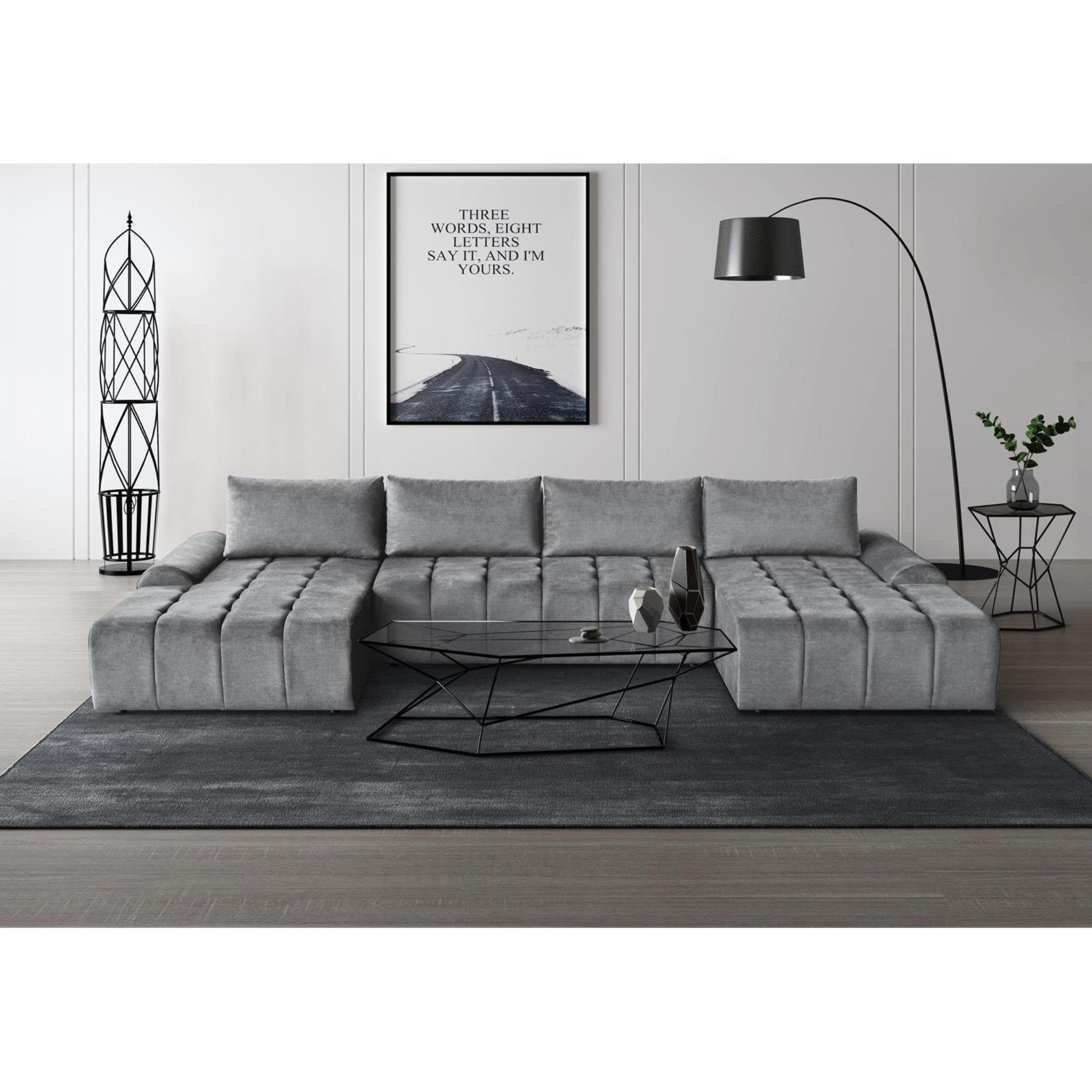 Beautysofa Ecksofa Costa Wohnzimmer, U, inkl. Schlaffunktion, Bettkasten, aus Grau modernes 14) Lounge-Ecke (vogue Velourstoff, Polsterecke Wohnlandschaft U-Form für