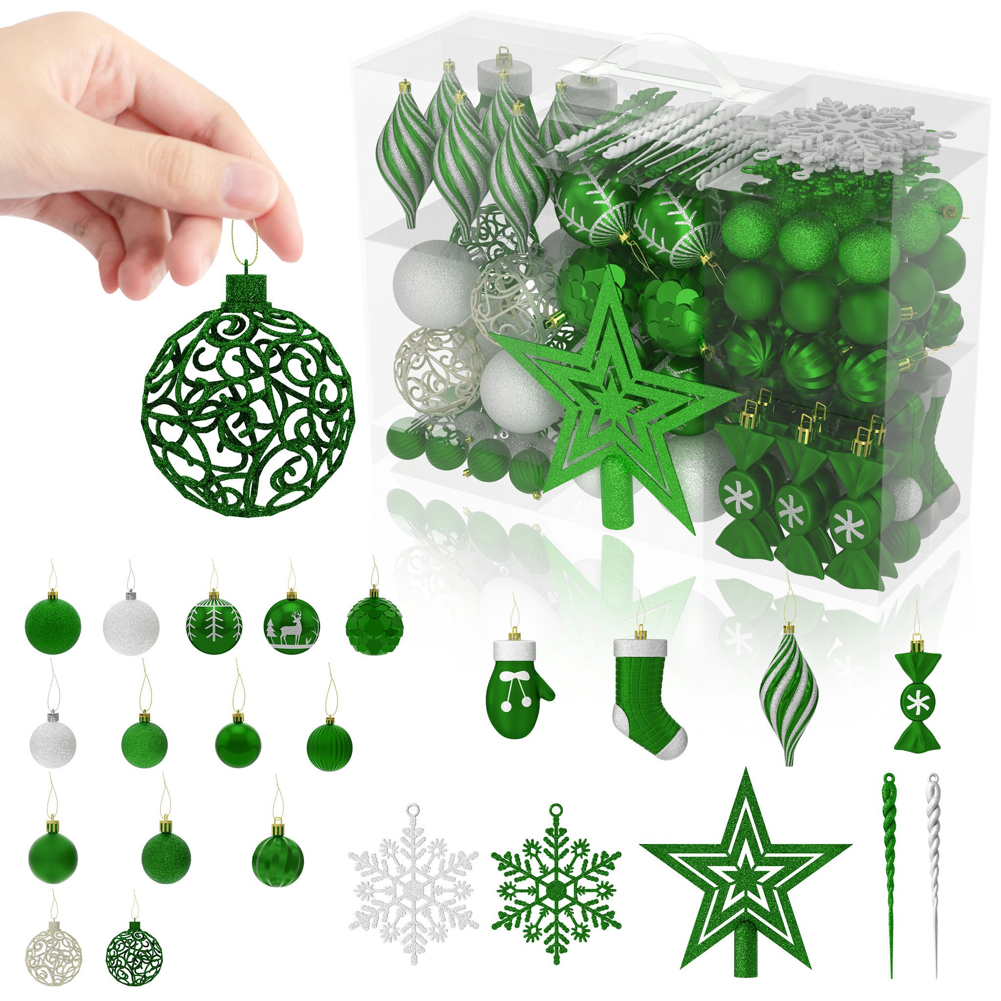 FIVMEN Weihnachtsbaumkugel Weihnachtskugeln Kunststoff 138 Stück mit Stern Spitze, Mehrere Farboptionen Christbaumschmuck