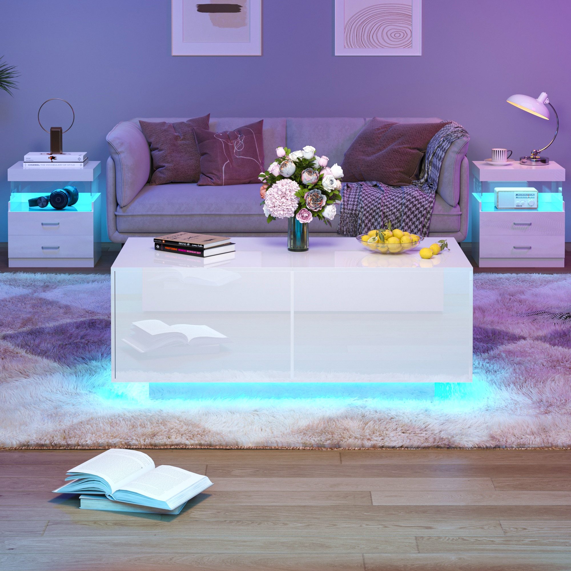 Hyaapwod Couchtisch Hochglanz-Couchtisch mit Schublade und offenem Fach (1-St), mit LED-Beleuchtung, Weiß – Bild 2 von 5