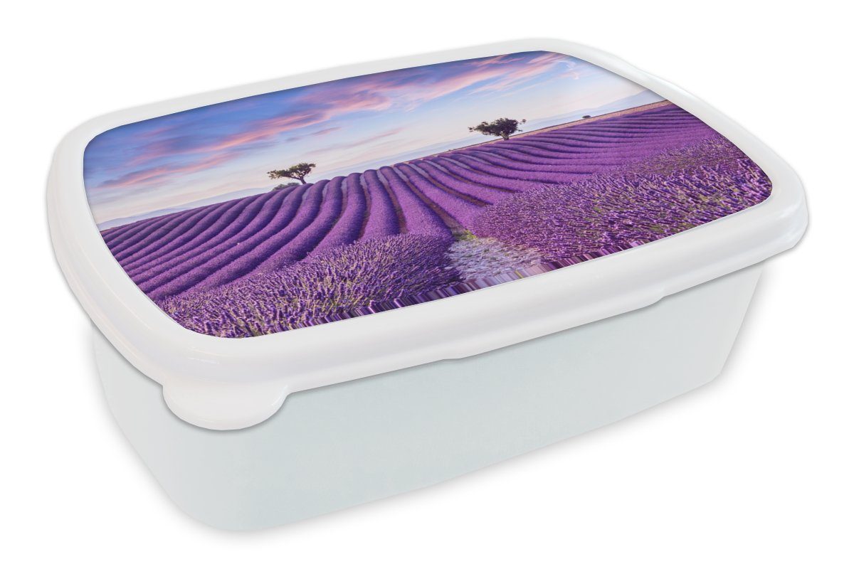 MuchoWow Lunchbox Lavendel - Natur - Lila - Bäume - Blumen, Kunststoff, (2-tlg), Brotbox für Kinder und Erwachsene, Brotdose, für Jungs und Mädchen weiß
