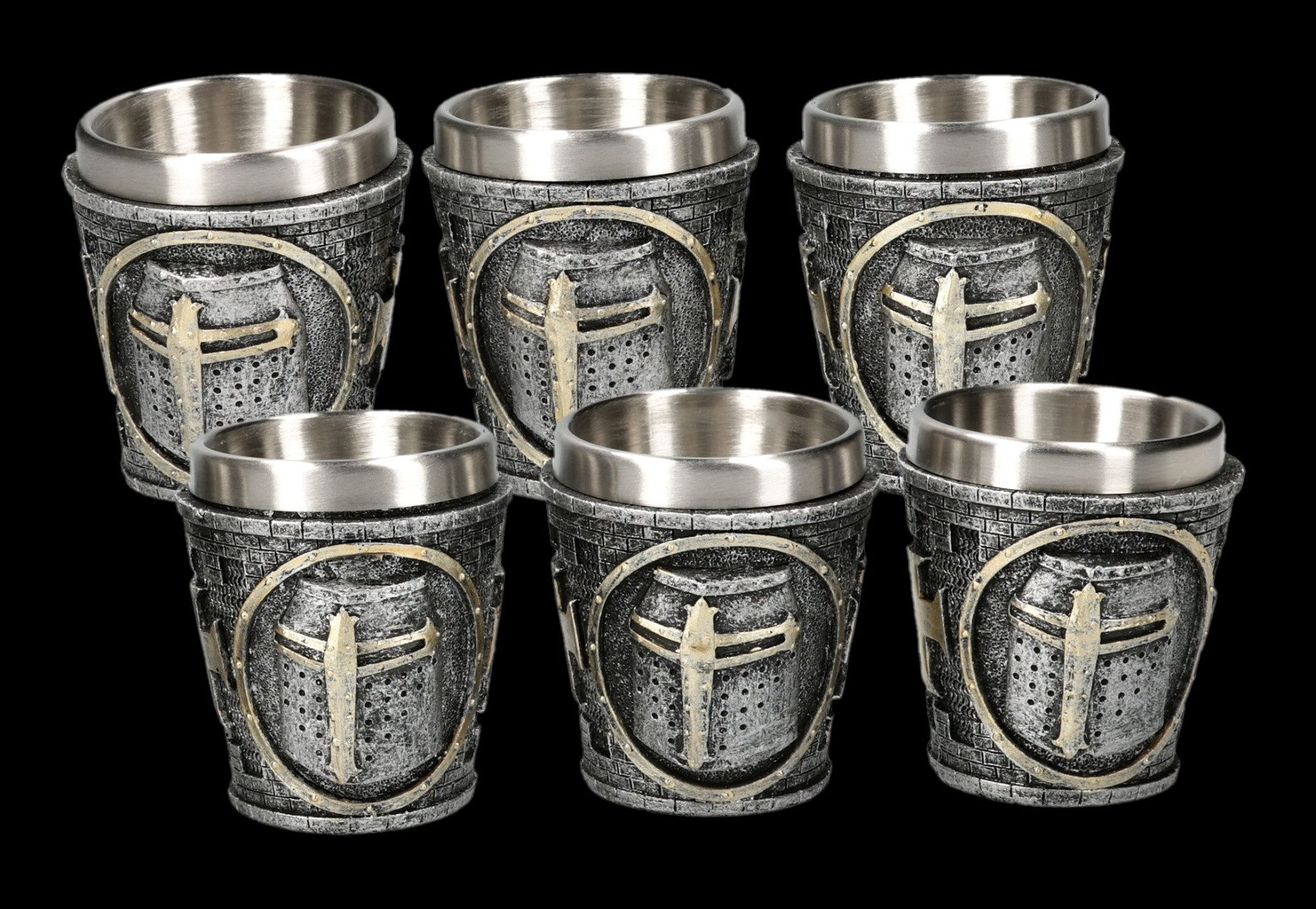 Figuren Shop GmbH Becher Ritterhelm Schnapsbecher 6er Set Mittelalter Trinkbecher 80 ml Deko, Kunststein (Polyresin), Edelstahl
