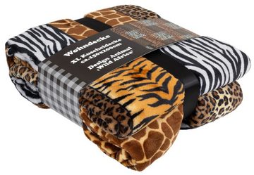 Wohndecke Tiermotiv Afrika flauschig weiche Kuscheldecke, Trendyshop365, 150x200 cm, Felloptik Tiger Leopard Zebra