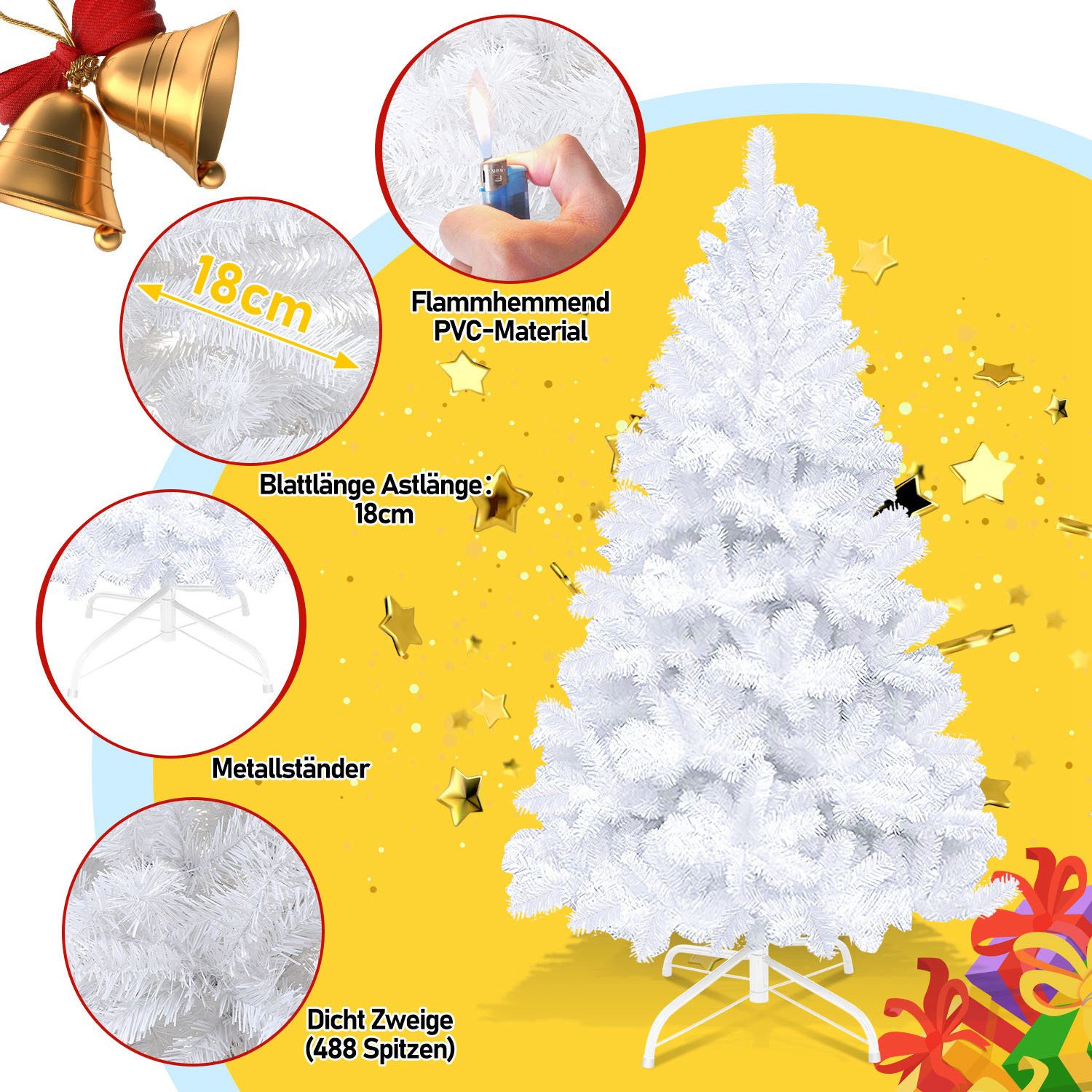 Clanmacy Künstlicher Weihnachtsbaum Christbaum mit Ständer, Schwer Entflammbar PVC Tannenbaum Grün/Weiß, Chinesische Tanne, DIY passende Dekoration – Bild 3 von 5