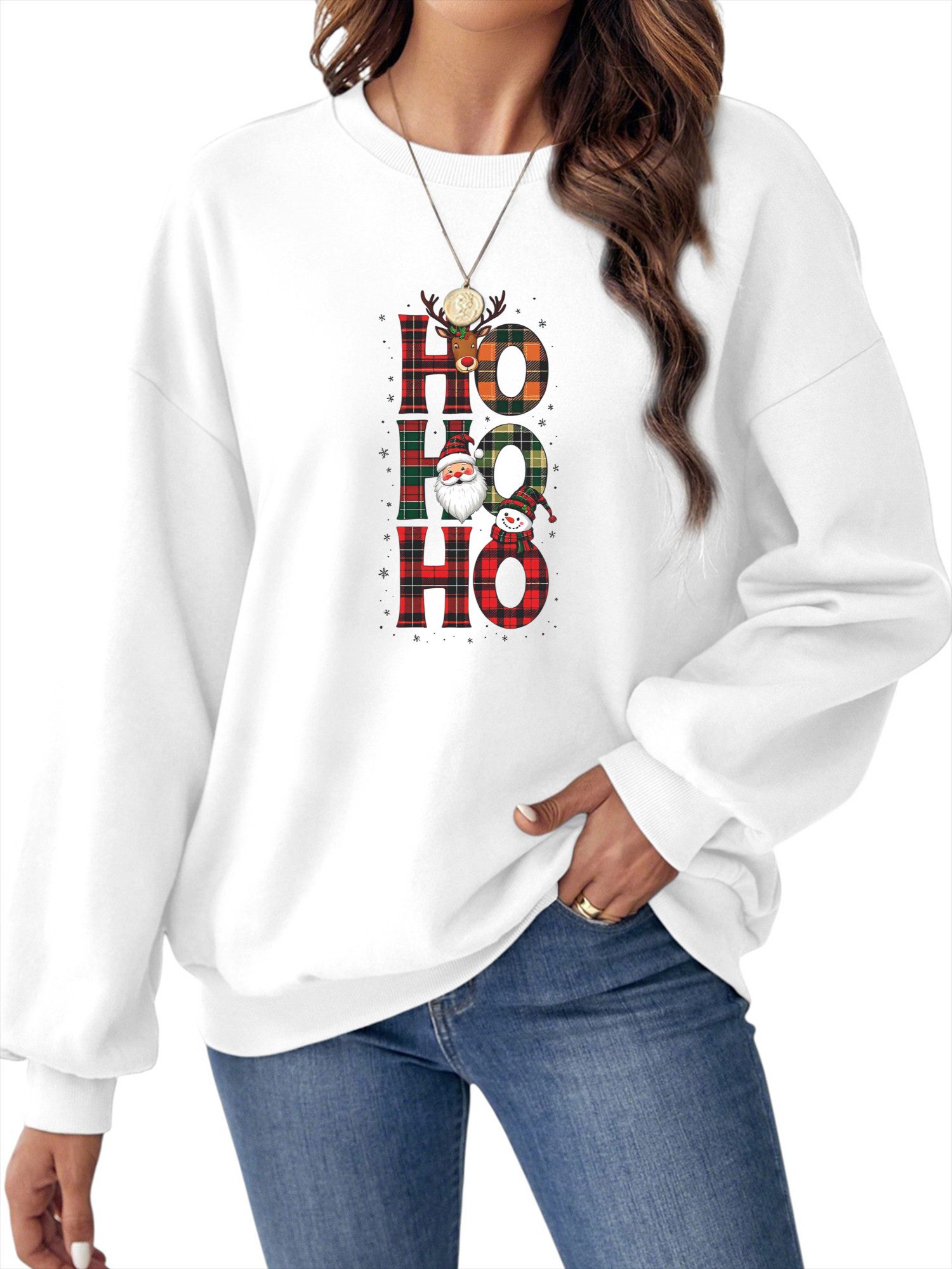 Fleecepullover Lockeres Damen Weihnachten Rundhalspullover mit Print