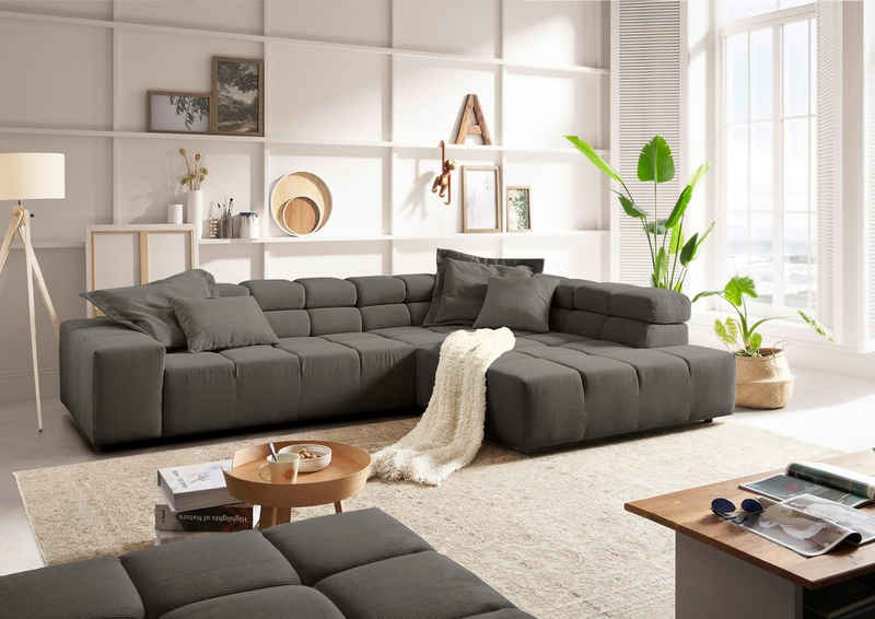 INOSIGN Ecksofa Ancona incl. Kopfteilverstellung, Zierkissen B/T/H: 319/210/70 cm, wahlweise motorische Sitztiefenverstellung, auch in Cord + Easy Care