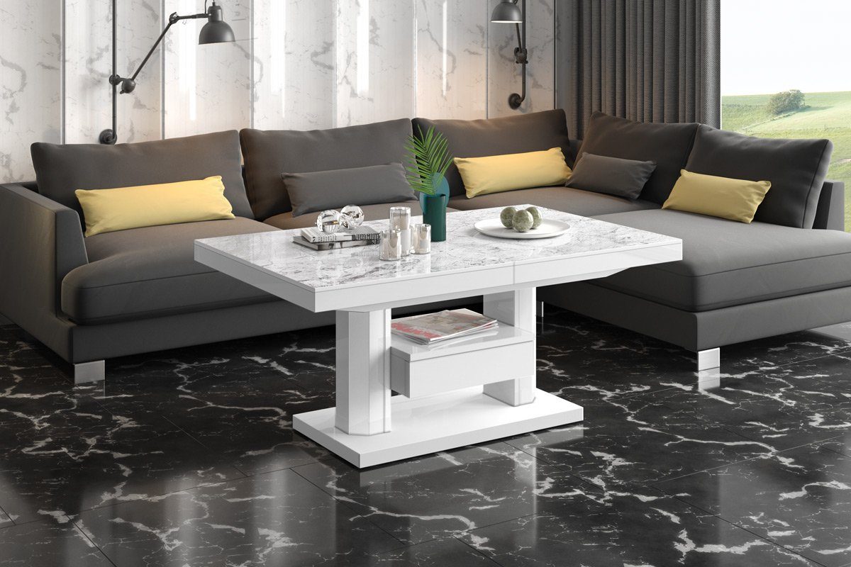 designimpex Couchtisch Design Tisch HM-120 Hochglanz stufenlos höhenverstellbar ausziehbar Marmoroptik Hochglanz - Weiß Hochglanz