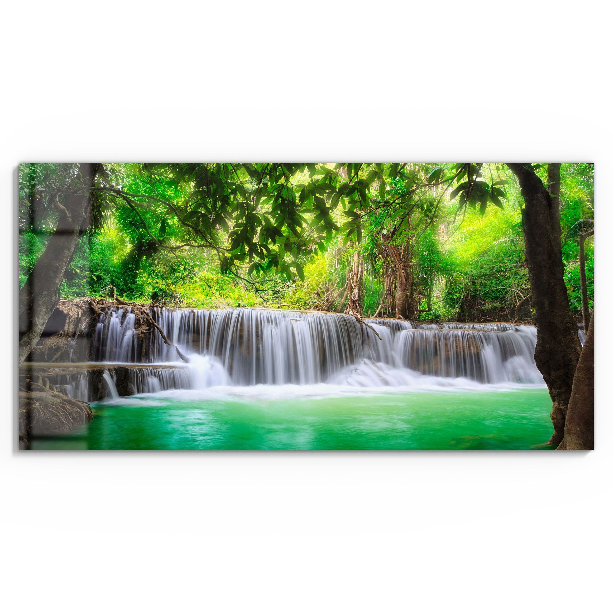 DEQORI Glasbild 'Wasserfall im Regenwald', 'Wasserfall im Regenwald', Glas Wandbild Bild schwebend modern