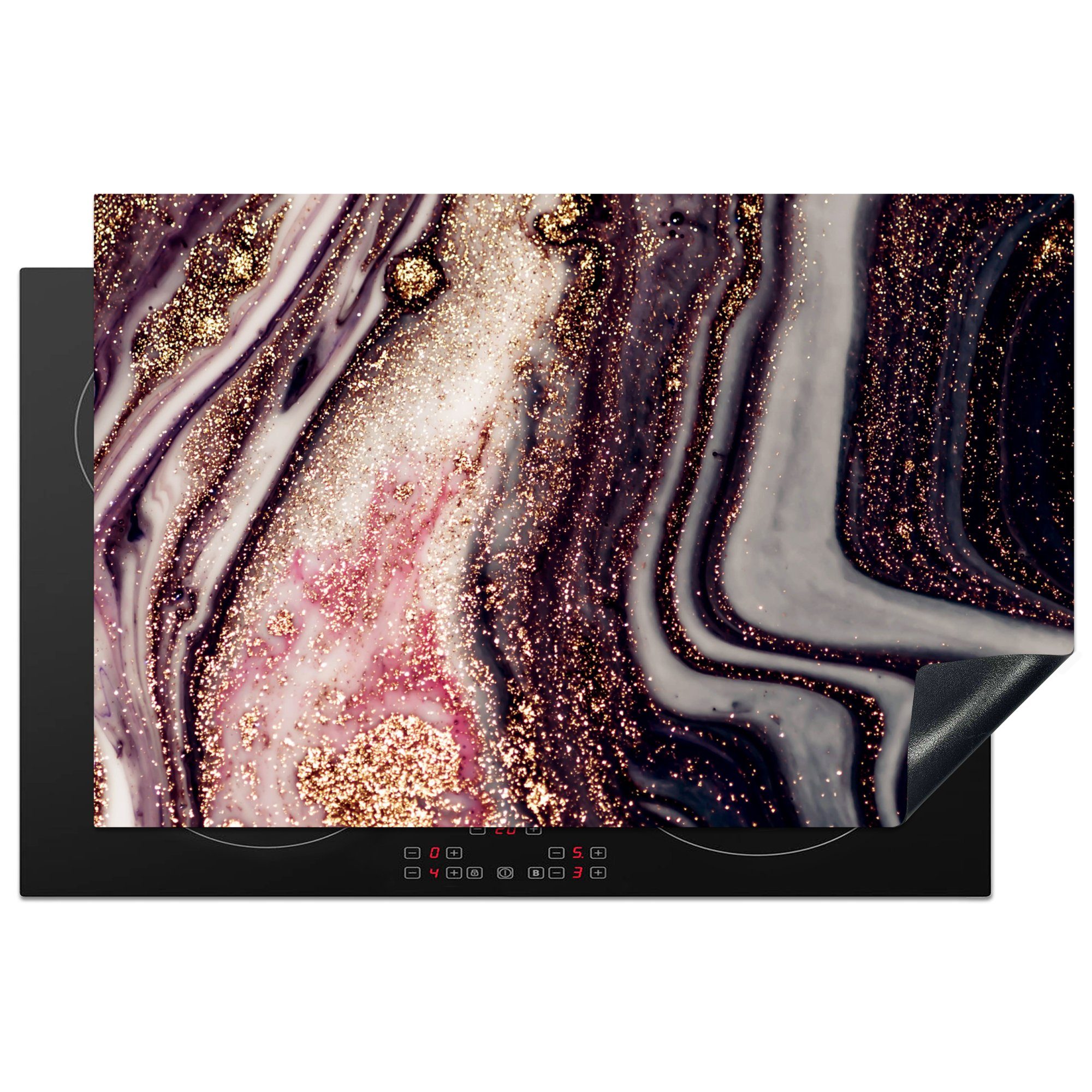 MuchoWow Herdblende-/Abdeckplatte Marmor - Rosa - Gold - Glitzer - Marmoroptik, Vinyl, (1 tlg), 81x52 cm, Induktionskochfeld Schutz für die küche, Ceranfeldabdeckung