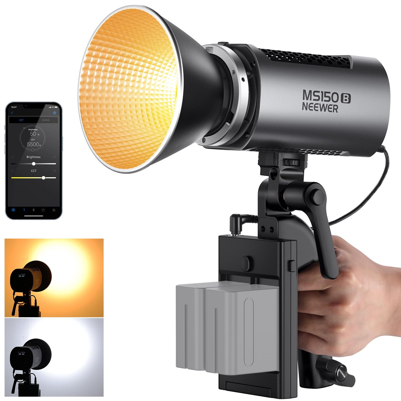 Neewer Videoleuchte MS150B 130W Bi-Farbe LED Videoleuchte, Dimmbar, App/2,4G Steuerung, 2700K-6500K, 2 Stromversorgungsoptionen für Porträts Studioaufnahmen