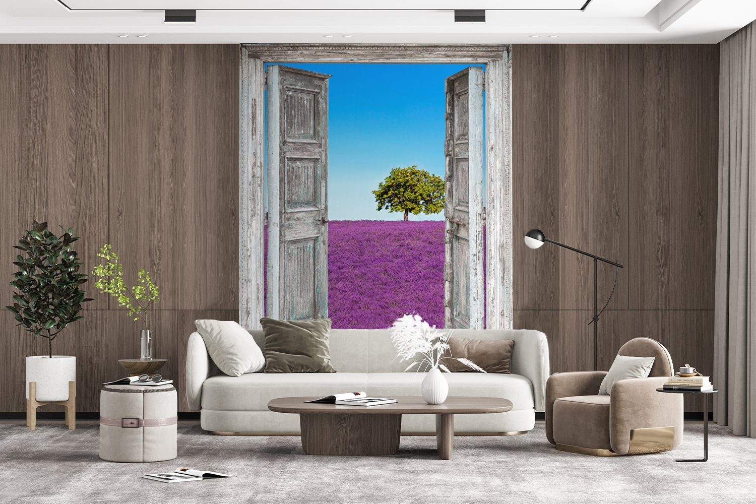 St), Lavendel Tapete Matt, MuchoWow Ansicht, - Vinyl Wohnzimmer, für - Fototapete Montagefertig Blumen Wandtapete (4 bedruckt,