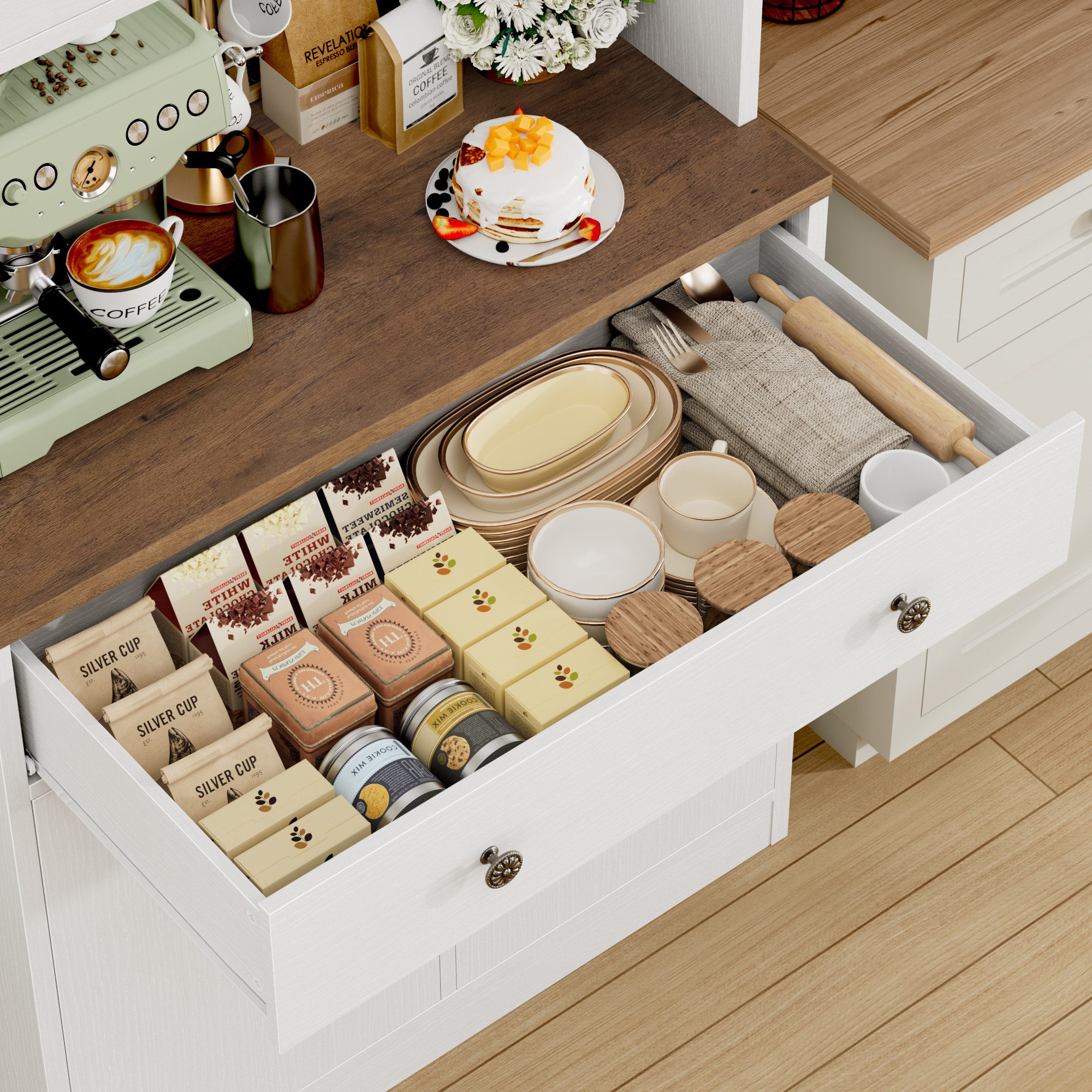HOMECHO Küchenbuffet 180cm Küchenschrank Weiß mit Arbeitsplatte, 4 Türen, 2 Schubladen – Bild 5 von 5