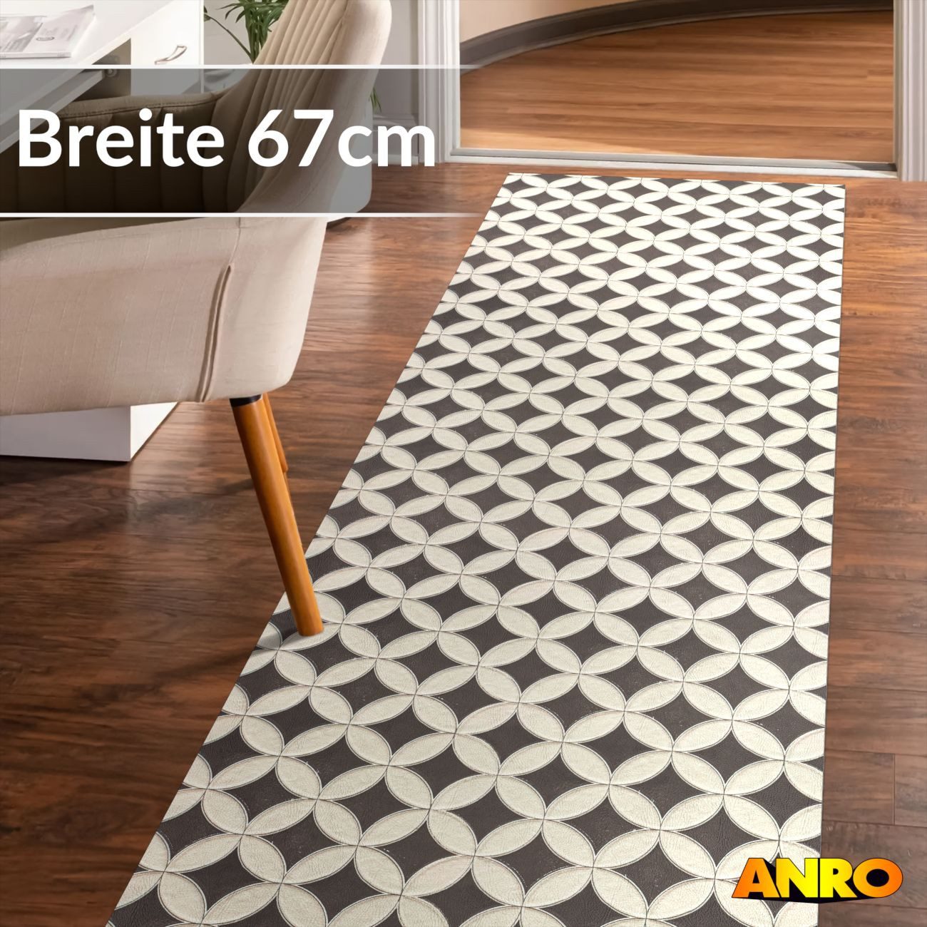 ANRO Küchenläufer abwaschbar Art Deco LADY Läufer pflegeleicht Küchenteppich, Rechteckig, Höhe: 3 mm, robust schmutzabweisend 67x100cm Vintage Grau robust
