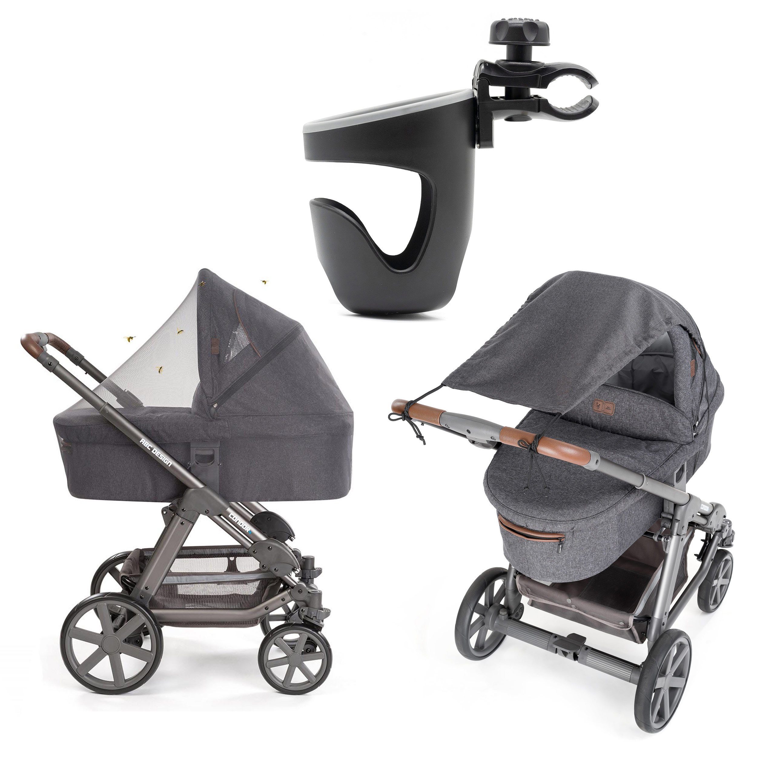 Zamboo Kinderwagenschirm 3-teiliges Sommer- & Schutzset, für Kinderwagen mit Sonnensegel, Insektenschutz & Getränkehalter