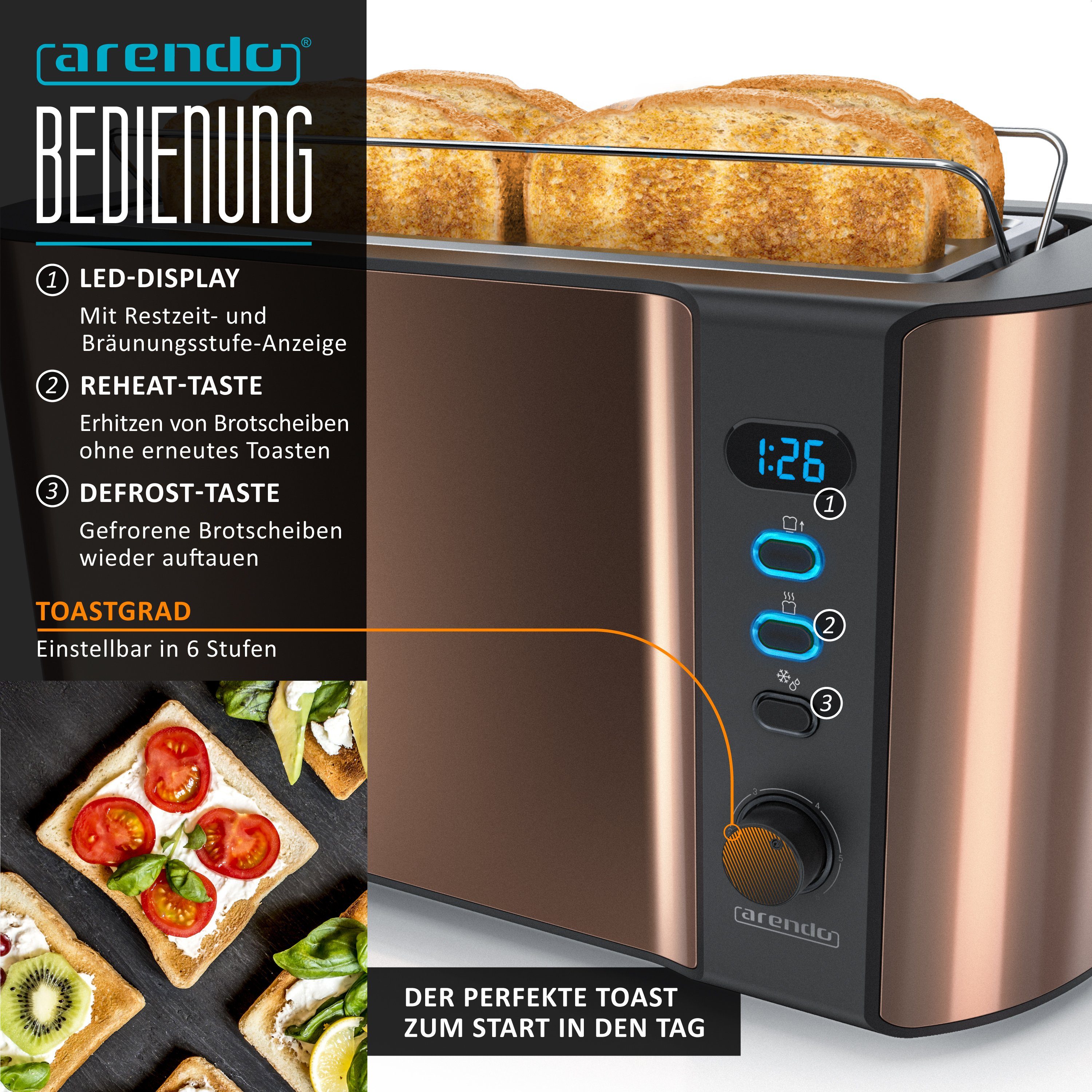 Arendo Frühstücks-Set Edelstahl Wasserkocher 1,5l, 4-Scheiben Langschlitz Toaster, Kupfer (2-tlg), BPA-frei, GS-geprüfte Sicherheit, perfekt fürs Familienfrühst – Bild 5 von 5