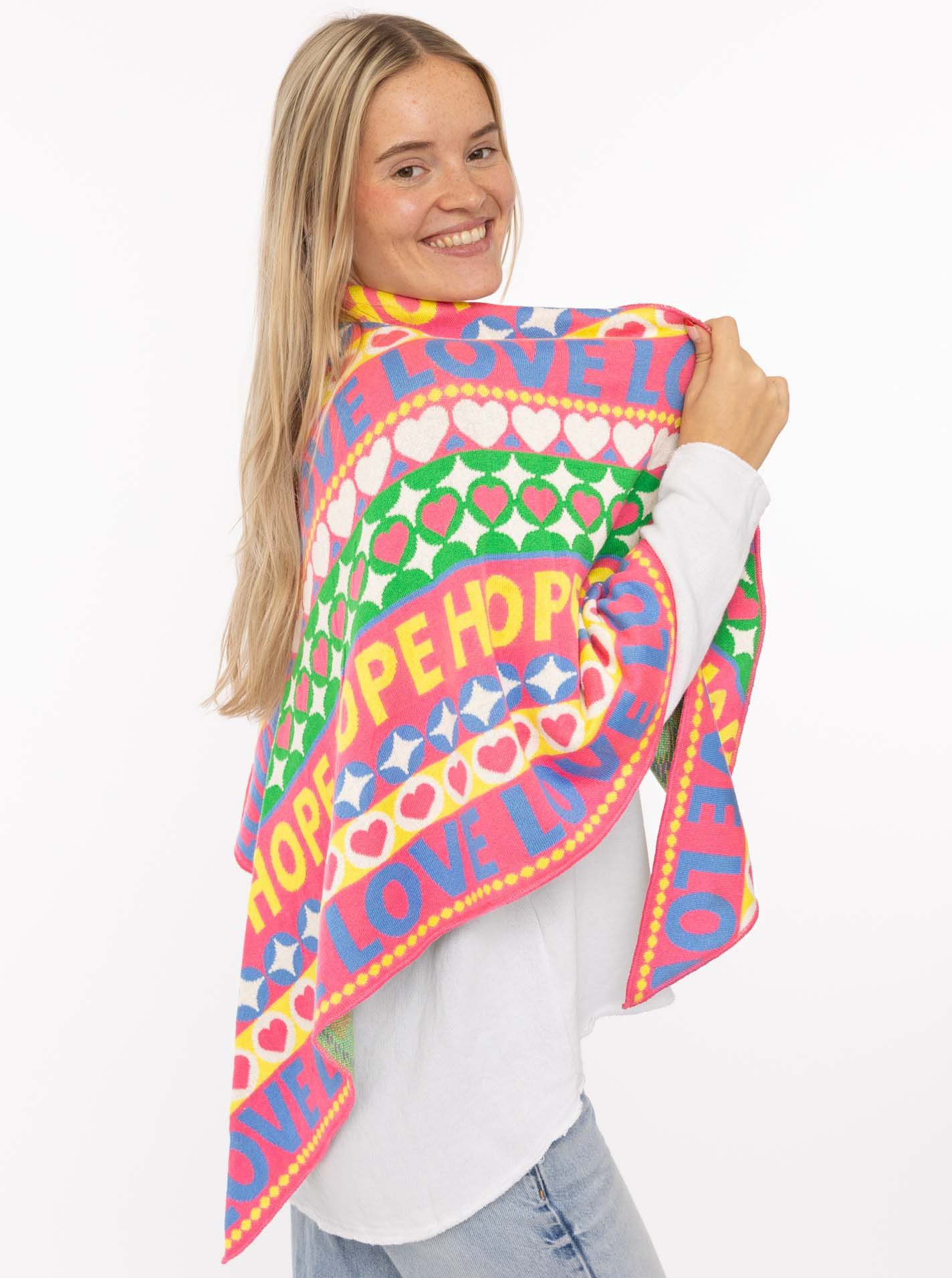 Zwillingsherz Dreieckstuch "Jahrmarkt", Schriftzug, farbenfroh, wärmend, Strick