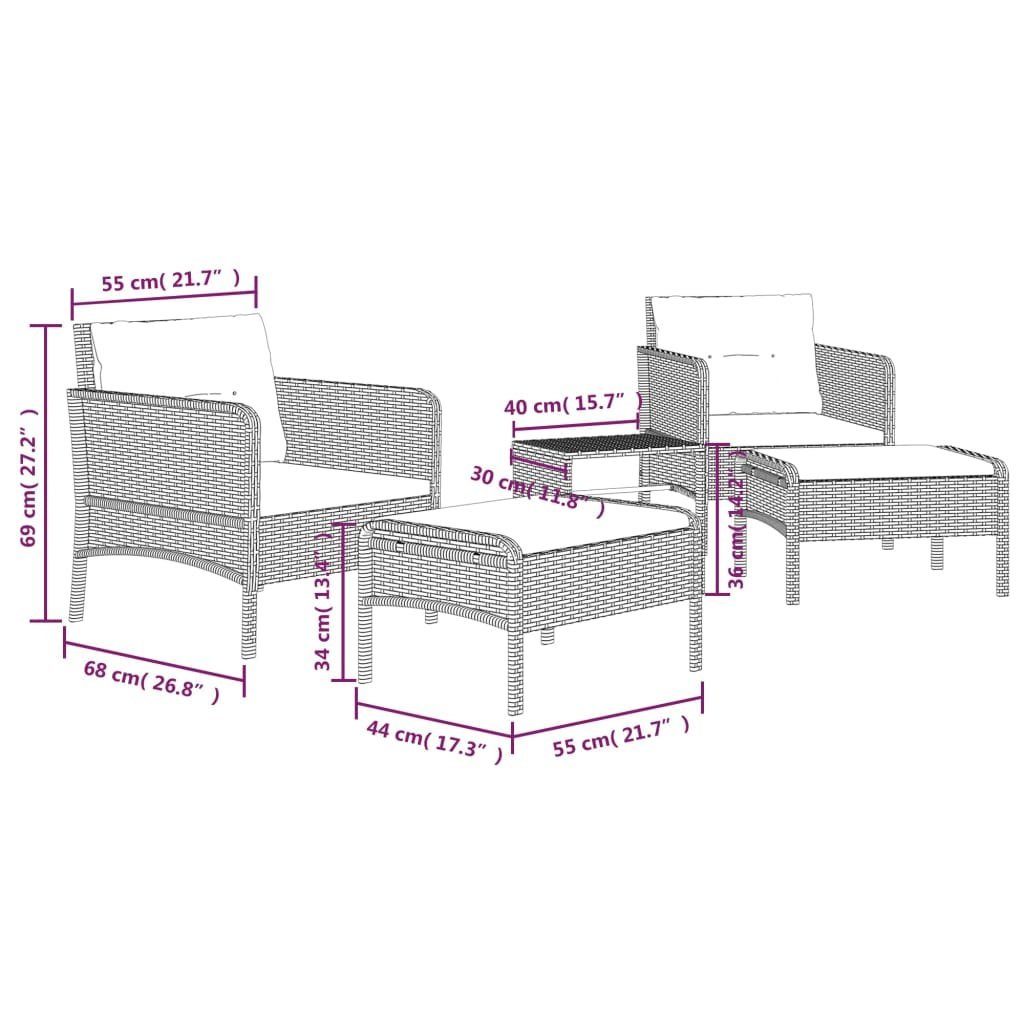 vidaXL Gartenlounge-Set 5-tlg. Garten-Lounge-Set Rattan, Kissen Poly Schwarz mit (1-tlg)