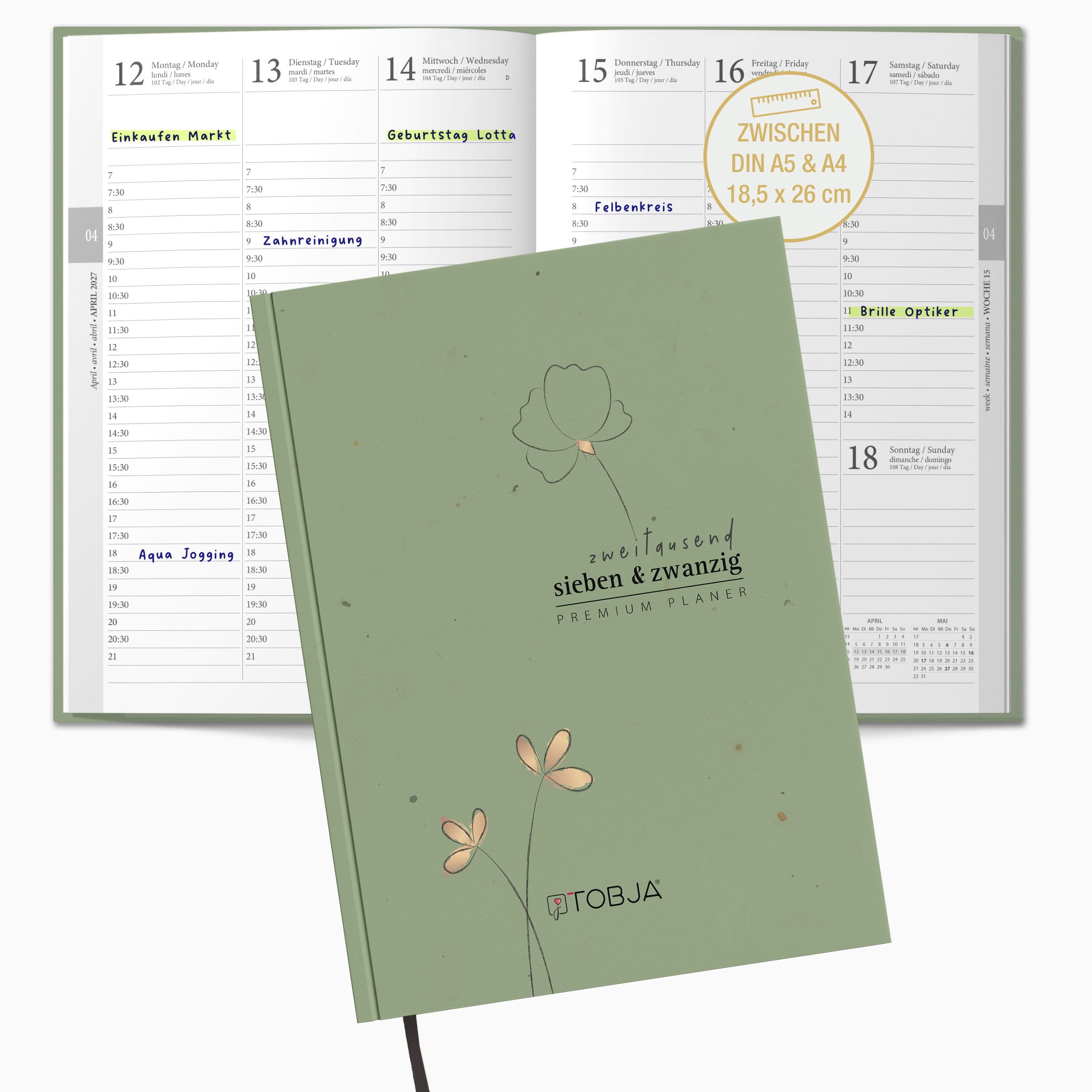 TOBJA Buchkalender Buchkalender 2027 Wochenplaner salbeigrün Skandi OptiPlaner Sage FSC, Salbeigrün, Roségold-Blumen, 30-Min-Taktung, 18,5x26 cm, FSC