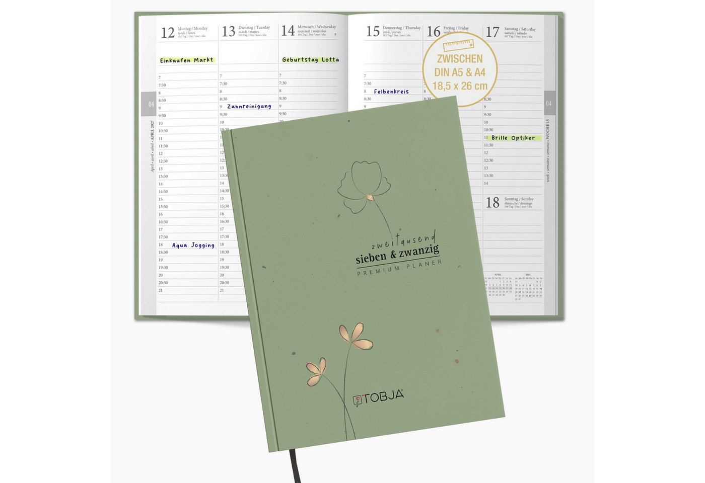 TOBJA Buchkalender Buchkalender 2027 Wochenplaner salbeigrün Skandi OptiPlaner Sage FSC, Salbeigrün, Roségold-Blumen, 30-Min-Taktung, 18,5x26 cm, FSC