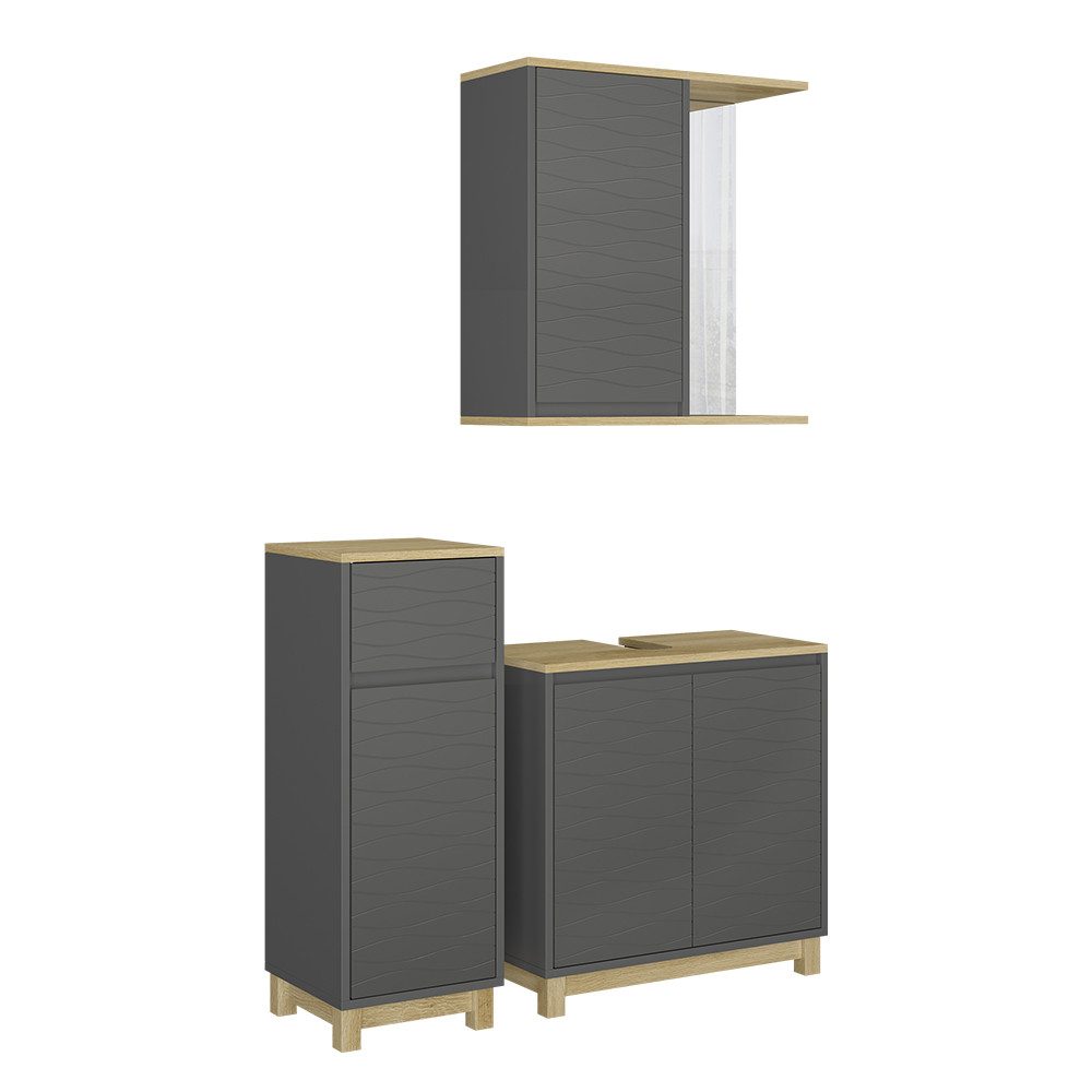 Badmöbel-Set Livia, Anthrazit/Eiche, 3 Teile, mit Midischrank