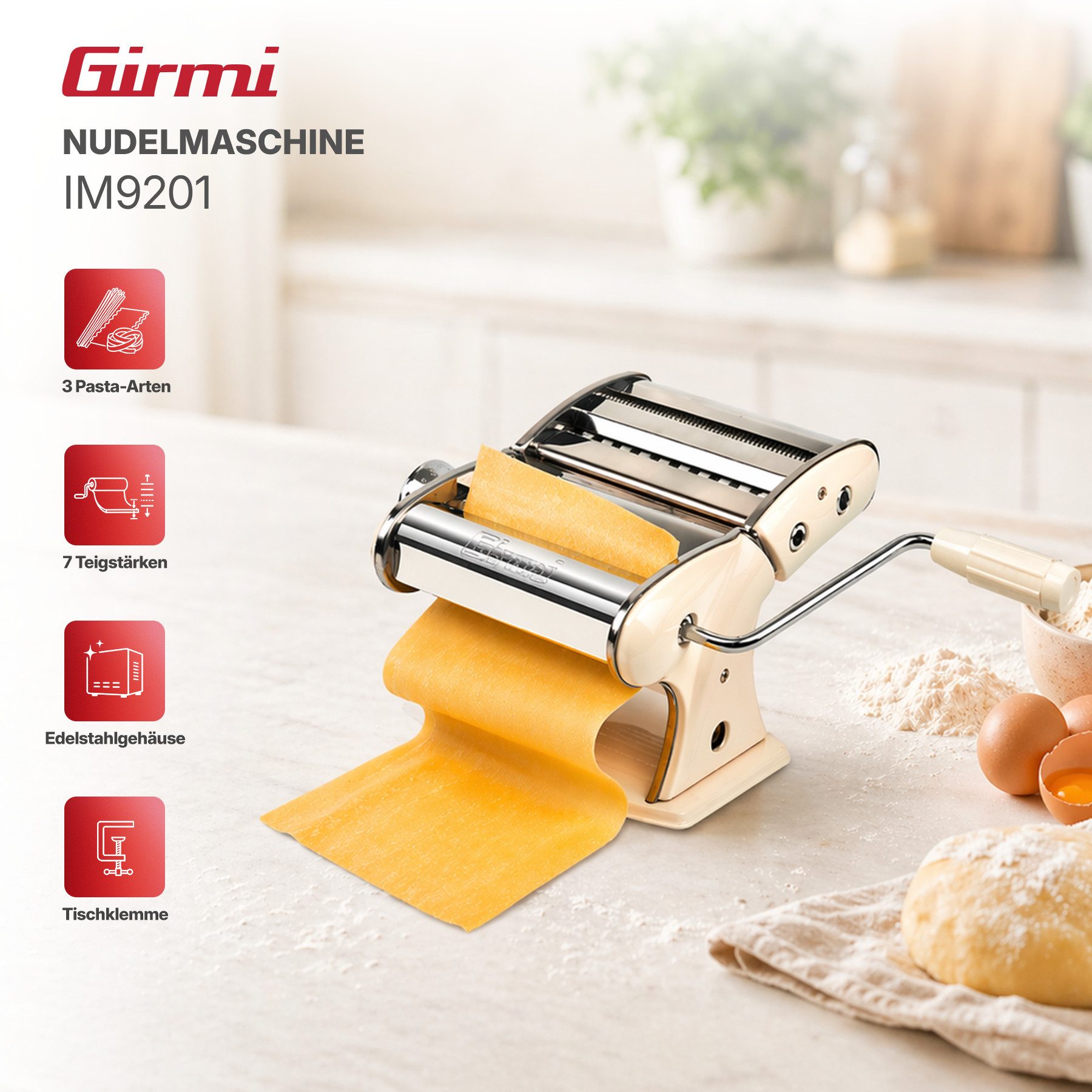 Girmi Nudelmaschine IM92, 3 Pastaformen, Edelstahl, 7 Teigstärken, Tischklemme, Aluminiumwalzen