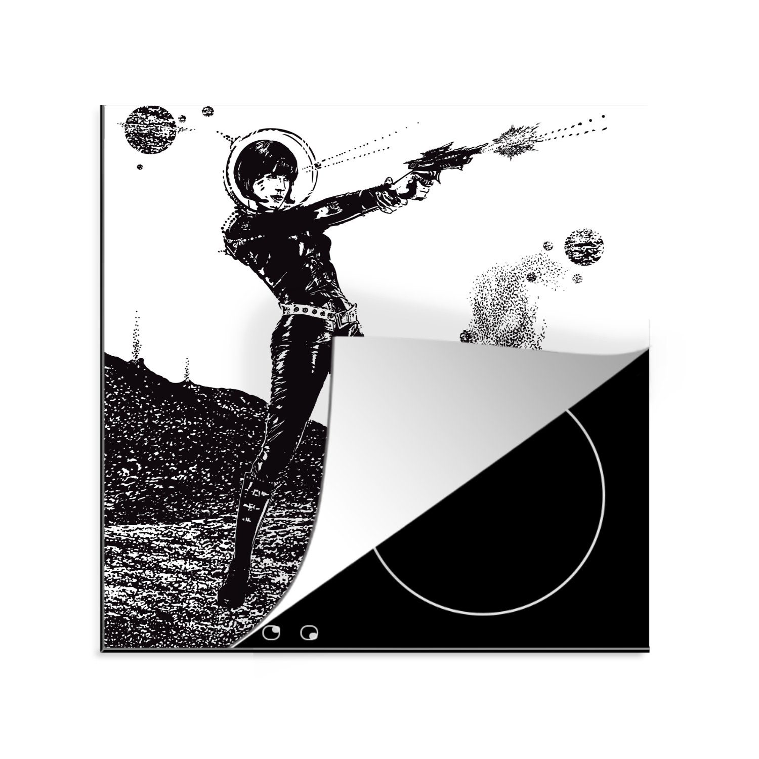 einer Vinyl, cm, Ceranfeldabdeckung, für Astronauten Arbeitsplatte Pistole, Eine (1 küche MuchoWow Herdblende-/Abdeckplatte tlg), Science-Fiction-Illustration eines mit 78x78