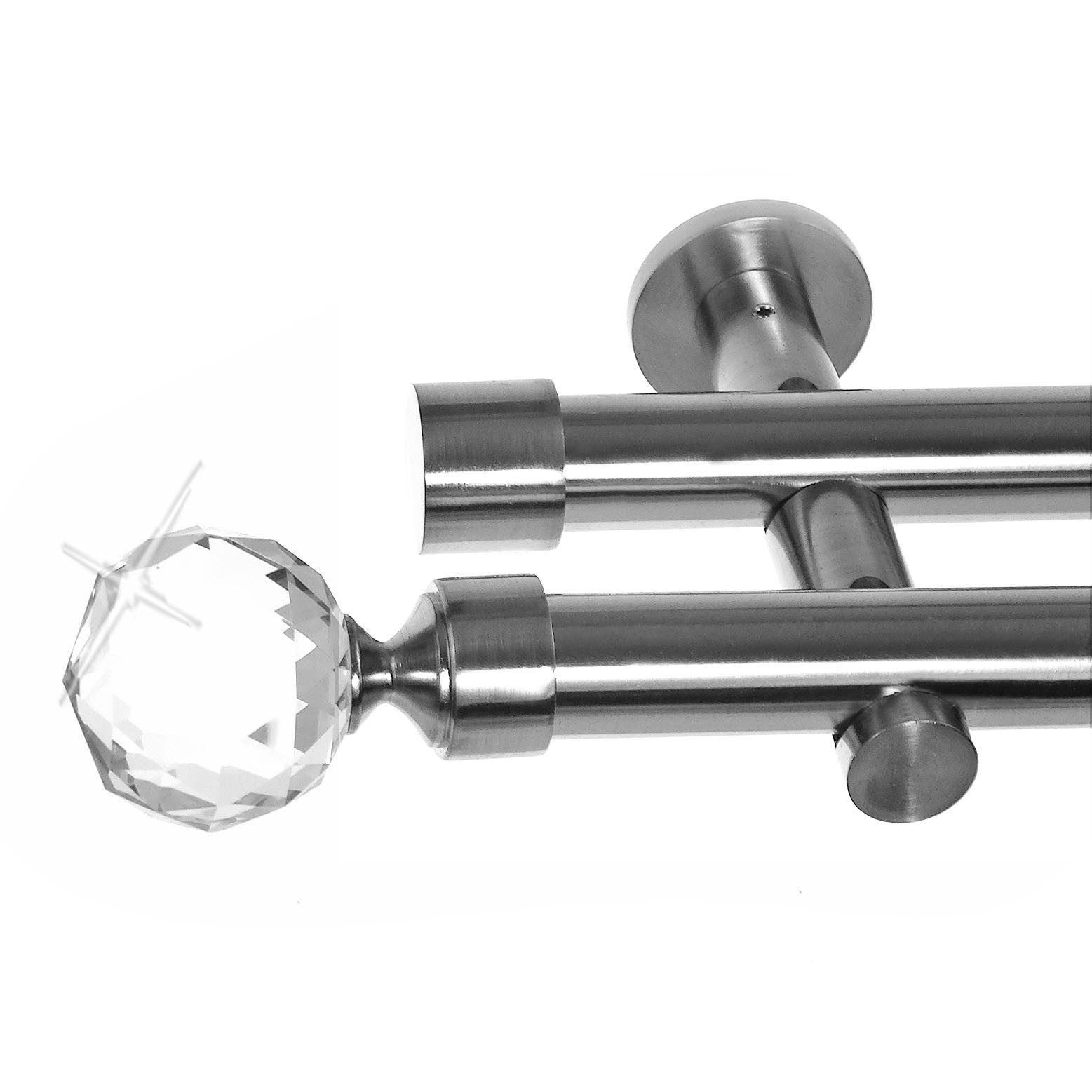 BASIT Gardinenstange Edelstahloptik 20mm mit Wandträgern 120 cm E87, Ø 20 mm, 2-läufig, verschraubt, Metall, H41 120 cm E87 Kristall Kugel