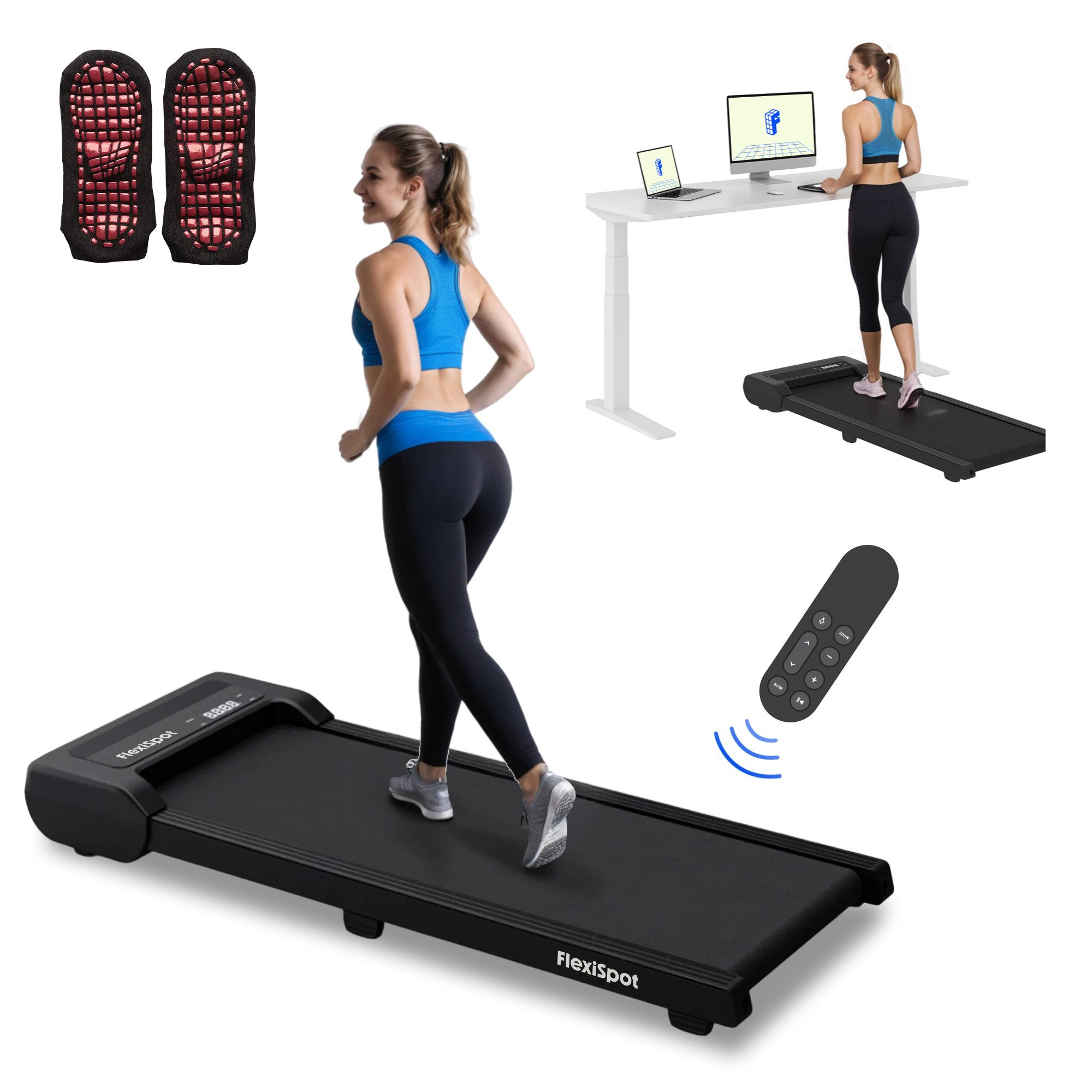 FLEXISPOT Laufband Walking Pad DynamiX, 1-6/10 km/h, LED-Display&Kabellose Fernbedienung (mit rutschfeste Lauffläche & 6 Stoßdämpfungspads), Mit Schmiermitteln&Fitness-Socken, für Zuhause & Büro, Max. 120 KG
