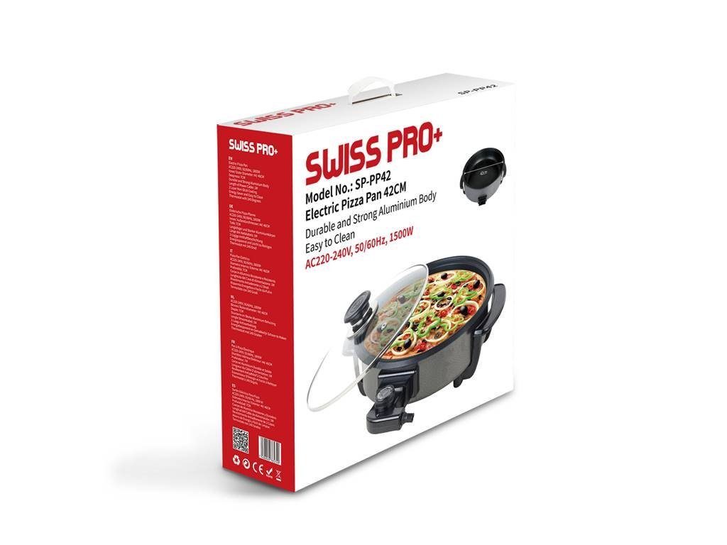 SWISS PRO+ Elektrische Pizzapfanne Vielseitige & 1500,00 W Braten, Kochen, Thermostat zum Glasdeckel elektrische