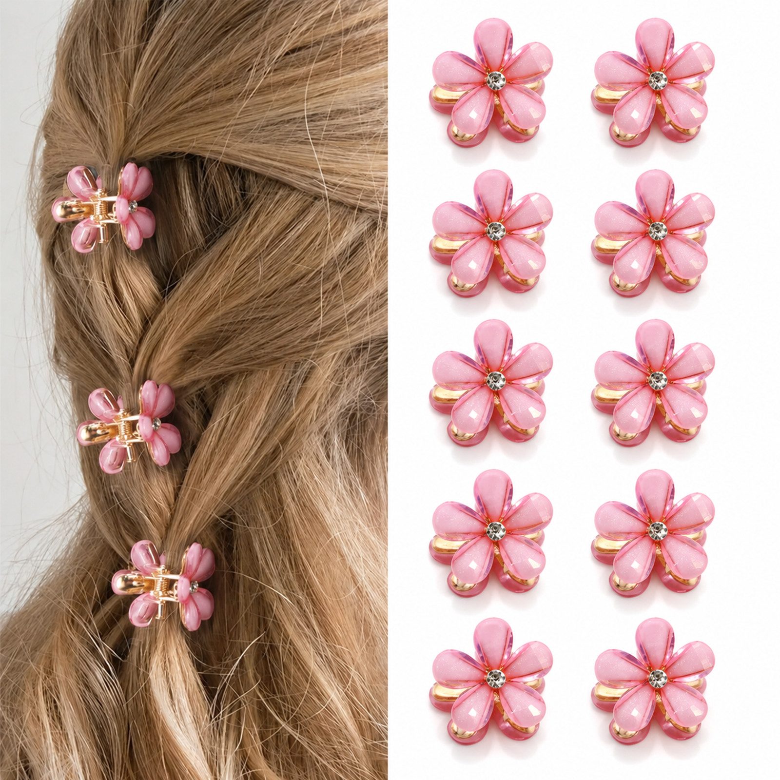 MOPUEA Haarspange Haarspangen Mini süße Blumenform Kristall Klammern 0.79inch 10 Stück, 10-teiliges Mini-Haarspangen-Set mit Blumen für Damen und Mädchen, 10 rosa Blumen-Haarklammern für Alltag, Frisuren, Hochzeit und Party, Starker Halt, versetzte Zähne, Metallfeder, leicht und haarschonend
