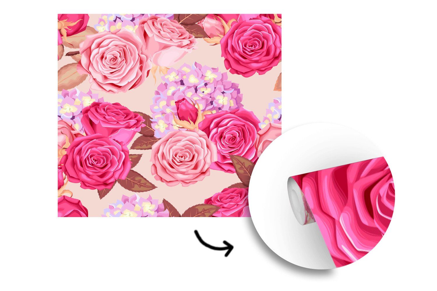 MuchoWow Fototapete Blumen - oder St), bedruckt, Wandtapete Tapete Rosa, Schlafzimmer, - Vinyl für (5 Wohnzimmer Matt, Rosen