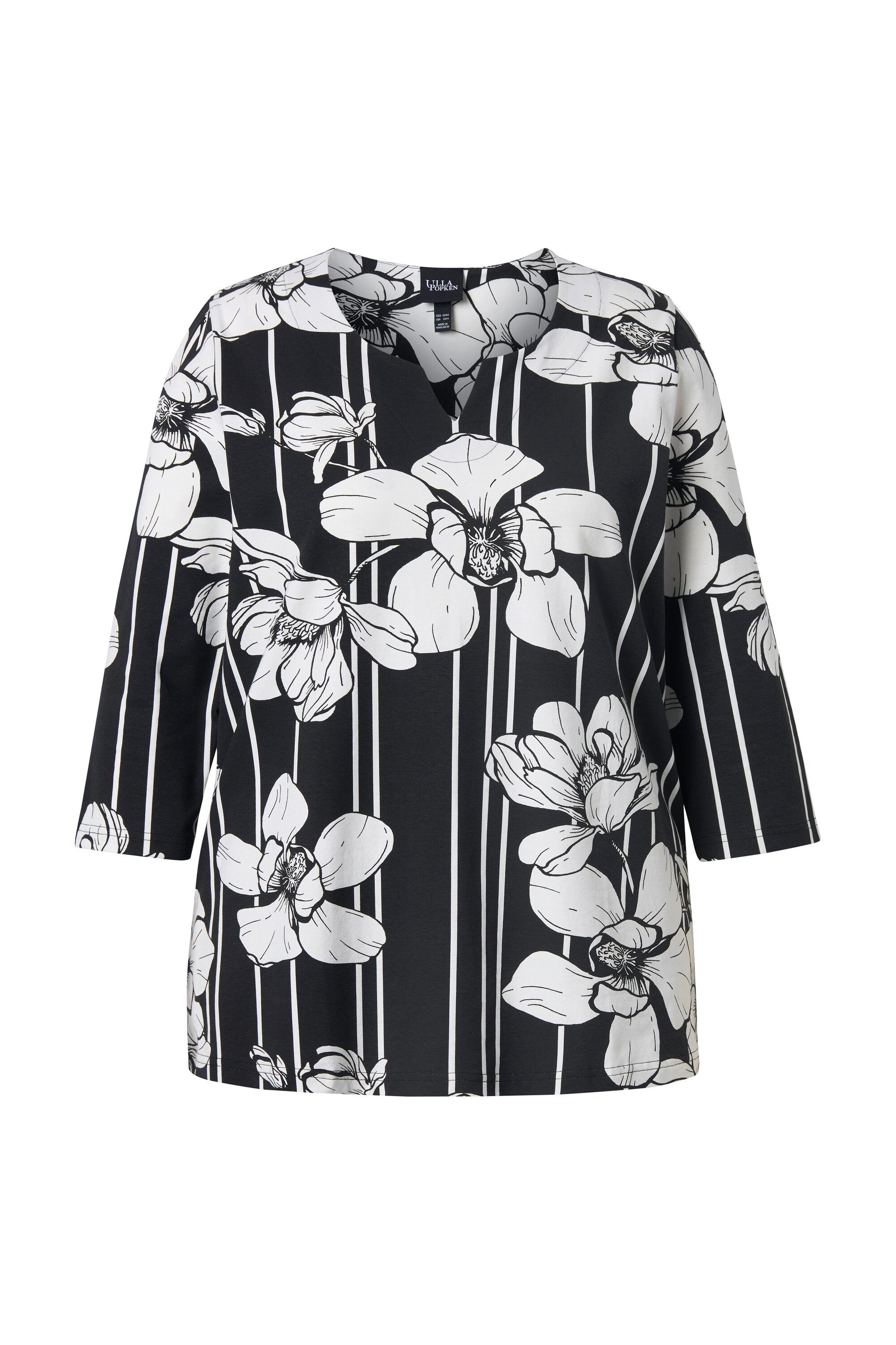 Ulla Popken T-Shirt Shirt Blüten/Streifen A-Linie V-Ausschnitt 3/4-Arm günstig online kaufen