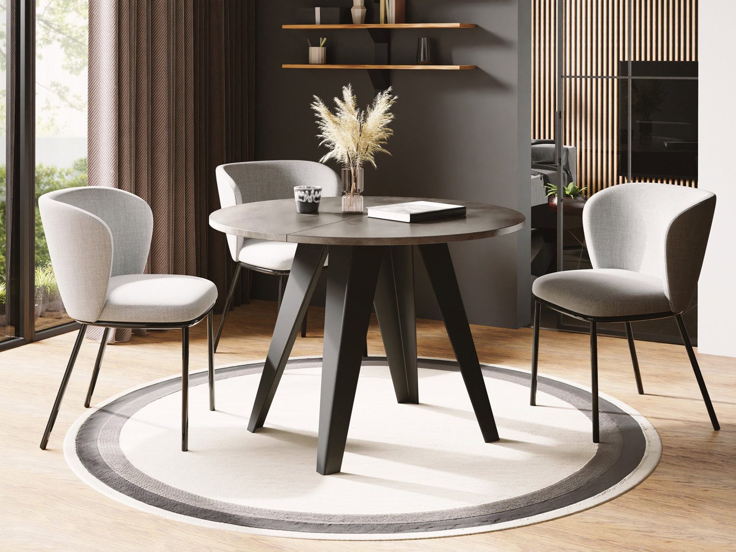 WFL GROUP Esstisch Glory ausziehbar rund industrial mit schwarzen Metallgestell (MADE IN EU, erhältlich in zwei Größen – 90/100 cm, ausziehbar auf 130/140 cm), platzsparender Tisch für kleine Küche, Esszimmer oder Wohnzimmer