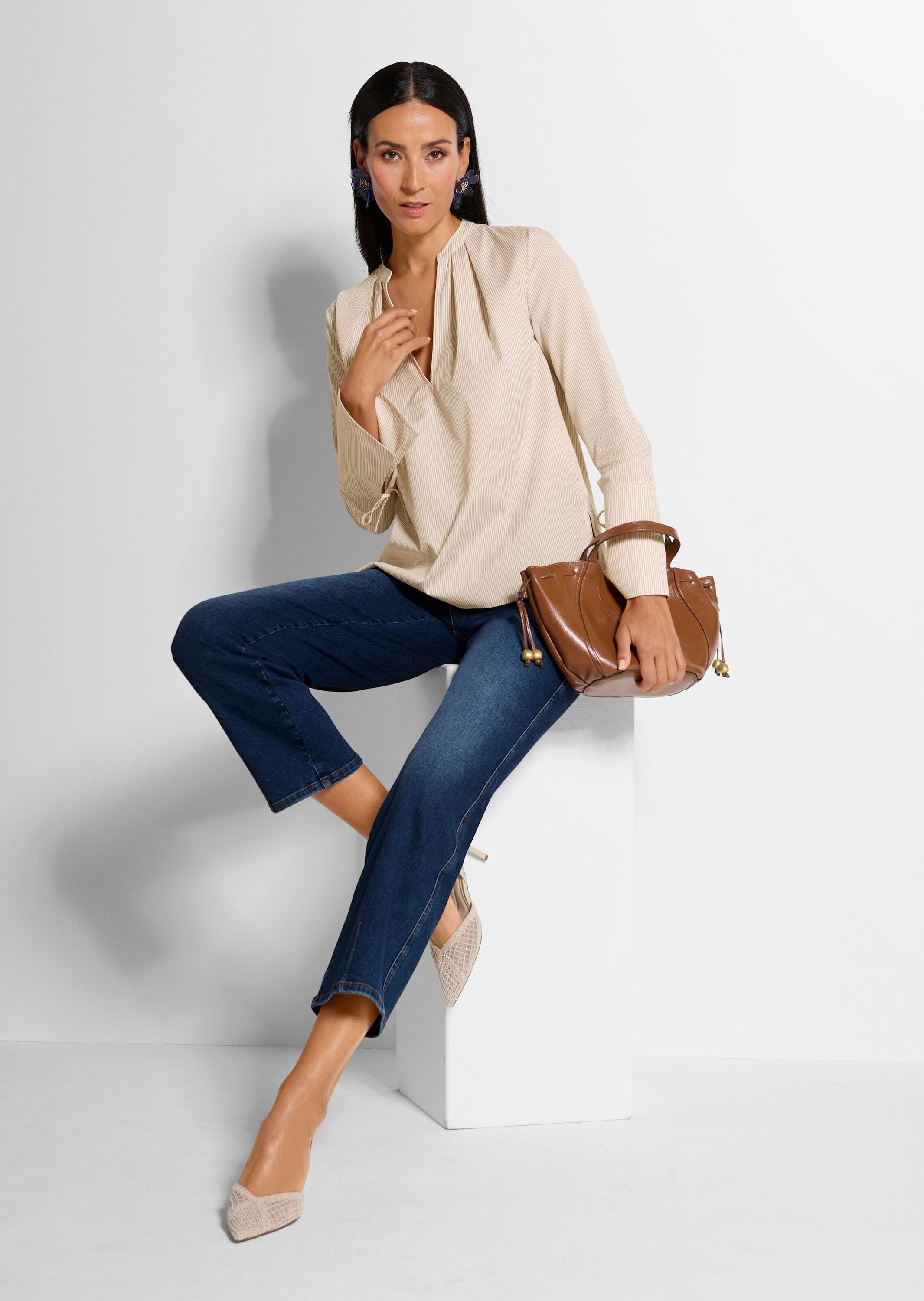 MADELEINE Langarmbluse Blusenshirt mit Streifendesign Baumwollbluse mit Rundhalsblende mit V-Ausschnitt und Langarm