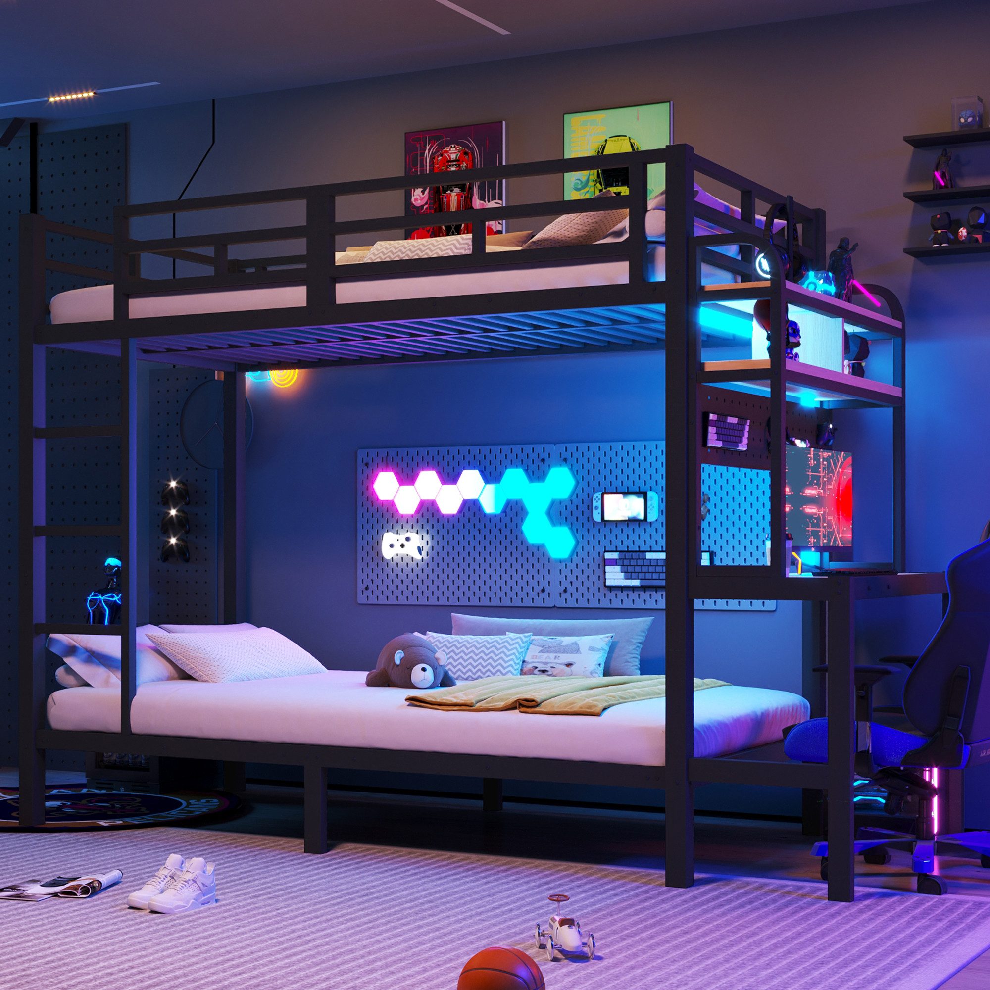 Flieks Etagenbett, Kinderbett Metallbett 90x200cm mit Stauraumregal Schreibtisch LED&USB